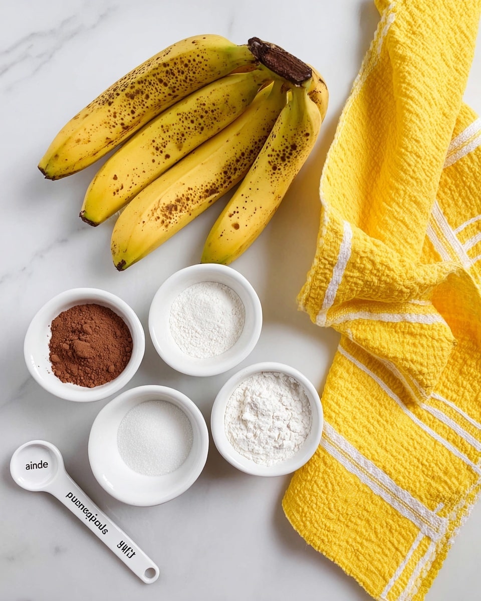 The image shows seven ripe bananas with yellow skin and brown spots, placed on the left and center of a white marbled surface. Around them are four small white bowls filled with brown cocoa powder, white sugar, white flour, and white baking powder, arranged in a loose square shape. Two white ceramic measuring spoons labeled