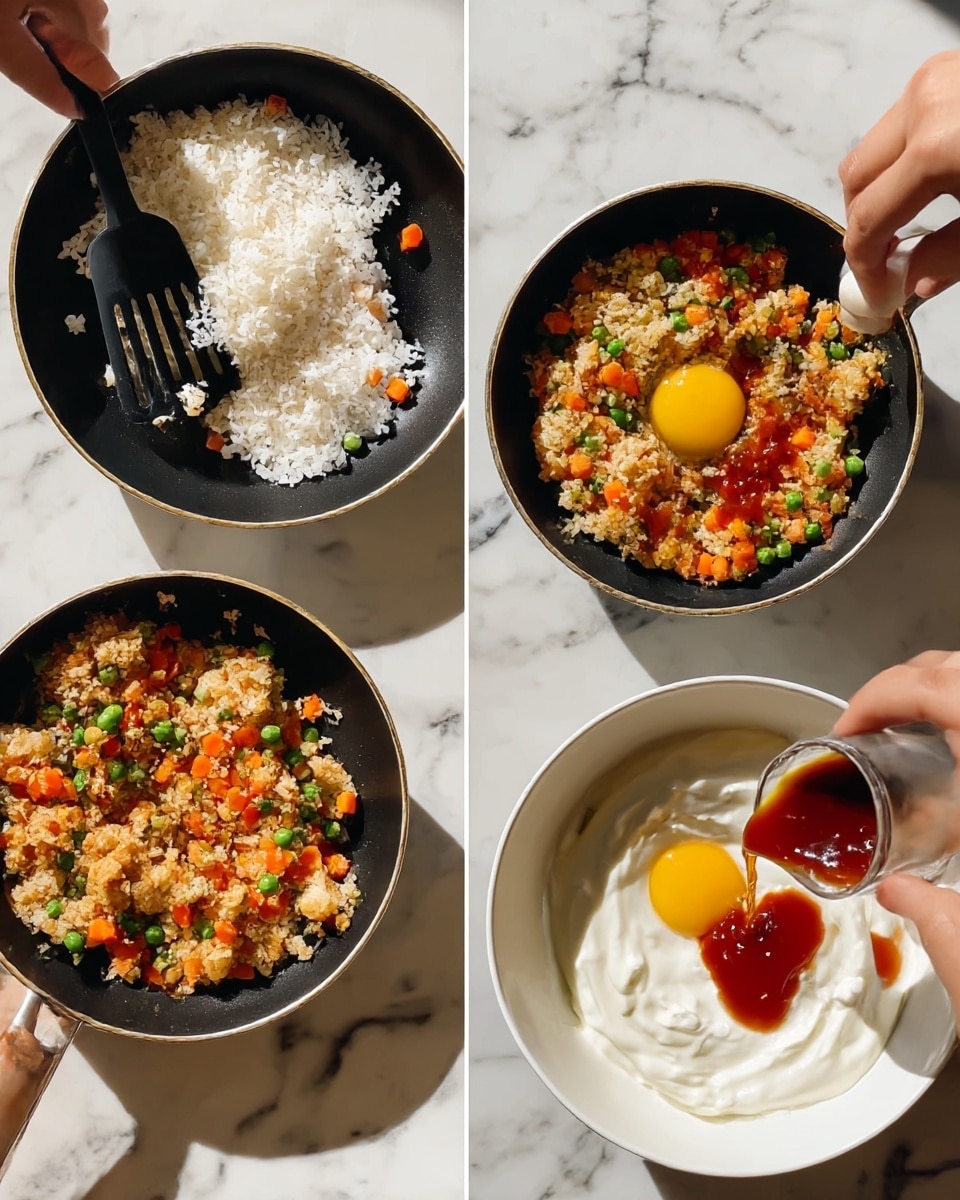 The first scene shows a close-up of a black frying pan with cooked diced carrots and peas at the bottom and white rice being pushed down with a black slotted spatula held by a woman's hand. The second scene features the same frying pan with the carrots and peas mixed into the rice, which is starting to brown, and a raw yellow egg yolk sitting in the center as a woman's two hands crack an egg open above it. The third scene depicts a white bowl filled with thick white sauce or yogurt-like cream, topped with a red sauce and brown sauce being slowly poured over from above. The background is a white marbled surface and the lighting is bright and natural. photo taken with an iphone --ar 4:5 --v 7