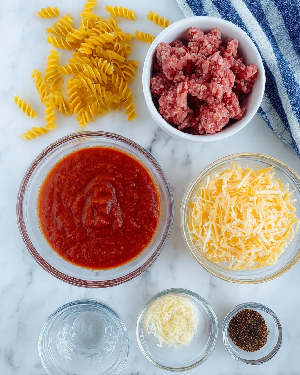 The image shows six small white bowls arranged on a white marbled surface. The top left bowl holds yellow spiral pasta, with a few pasta pieces scattered nearby. To the right, another bowl is filled with raw ground meat in pink and red tones. Below the pasta bowl, a bowl contains smooth, bright red tomato sauce. To the right of the sauce, a bowl is filled with light yellow shredded cheese mixed with some white strands. Below the cheese, there is an empty small bowl with clear glass, and to its right, a very small bowl holds a dark brown spice mix. In the upper right corner, there is a blue and white cloth. Photo taken with an iphone --ar 4:5 --v 7