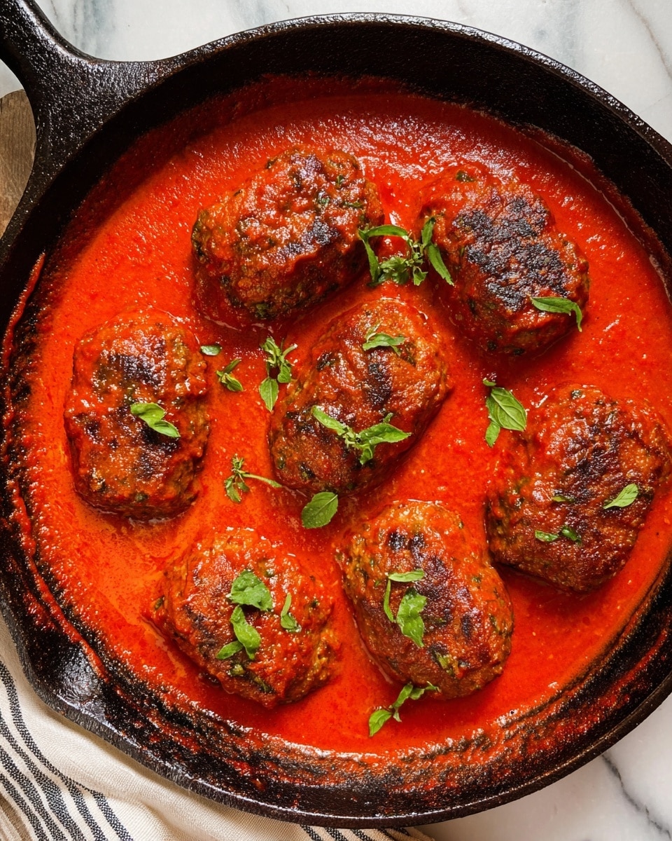 The image shows six oval-shaped meat patties, browned and cooked, sitting in a thick, bright red tomato sauce inside a dark cast iron pan. The surface of the sauce is smooth with a slightly shiny texture, and the patties have a rough texture with some cracks showing. Small green herb leaves are scattered on top of the patties and sauce, adding contrast. The pan edges are visible, and the scene is set on a white marbled surface with a striped cloth partially visible on the side. Photo taken with an iphone --ar 4:5 --v 7