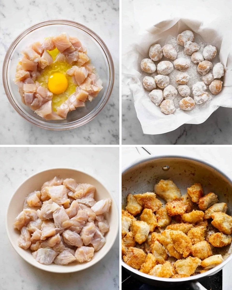 The first image shows a clear glass bowl on a white marbled surface filled with raw pieces of pale pink meat mixed with a raw egg yolk on top, creating a smooth yellow layer contrasting with the pink meat. The second image displays a white bowl lined with parchment paper filled with small, round pieces of raw meat covered in a light dusting of flour, giving a powdery pale beige look. The third image captures a white frying pan on a stove filled with small, irregularly shaped pieces of meat frying, mostly white with some golden brown spots indicating cooking progress. The fourth image shows a metal bowl filled with cooked meat pieces that have turned a deeper golden brown color, coated evenly with a light crust, showing a crispy texture. Photo taken with an iphone --ar 4:5 --v 7