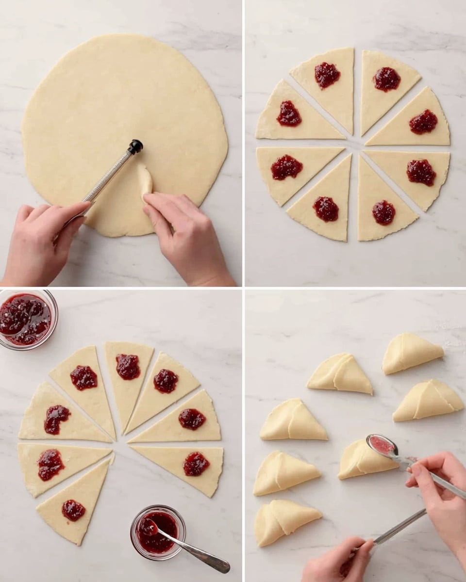 The image shows four steps of making crescent roll dough on a white marbled surface. The first part shows a smooth, round dough layer in a light beige color being pressed down with a small black-handled round cutter held by a woman's hand. The second part shows the dough divided into twelve triangular pieces with a pizza cutter held by a woman's hand at the right side. The third part shows spoonfuls of red jam placed near the wide edge of each triangle, with a woman's hand holding a spoon and the pizza cutter to the side. The last part shows a woman's hand rolling one triangle from the wide edge towards the point, with several rolled crescent shapes placed on the surface nearby. Photo taken with an iphone --ar 4:5 --v 7