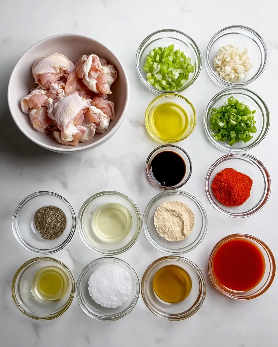 The image shows twelve small clear glass bowls arranged neatly on a white marbled surface. On the left, a larger white bowl holds raw pieces of light pink chicken with some skin. To the right, the bowls contain chopped green onions, black pepper, light yellow oil, white powder (flour), a beige powder, bright red sauce, salt, a light beige granulated ingredient, and a small bowl with a lightly colored liquid. The colors range from green, black, yellow, white, red, and brownish. Everything is neatly placed in an organized grid. Photo taken with an iphone --ar 4:5 --v 7