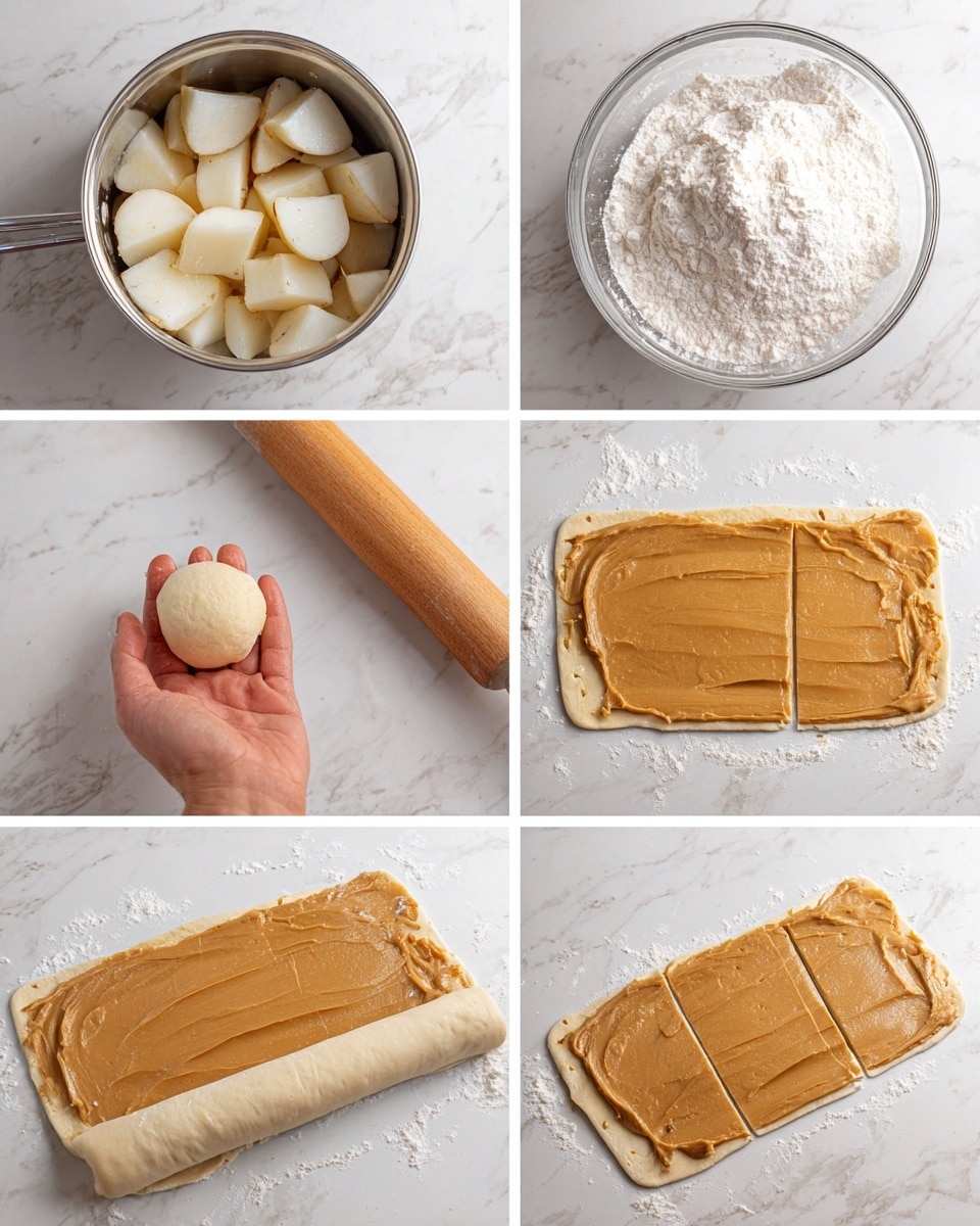 The image shows six steps of making a peanut butter roll on a white marbled surface. The first step shows a silver pot with pieces of peeled white potatoes in water. The second step shows a glass bowl with light creamy dough mixed with white powder on top. The third step shows a woman's hand holding a small round ball of soft dough from the bowl. The fourth step shows the dough rolled into a flat rectangular shape on the white marbled surface next to a wooden rolling pin. The fifth step shows the dough spread with a thick layer of smooth peanut butter, leaving a small border around the edges. The sixth step shows the dough being rolled up from one side, covering part of the peanut butter layer. Photo taken with an iphone --ar 4:5 --v 7