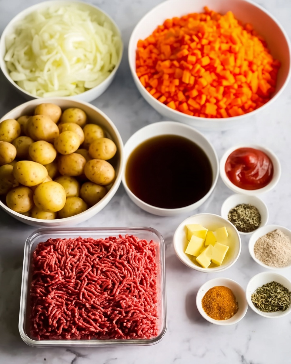 The image shows several white bowls and a clear plastic container arranged on a white marbled surface. There is one clear container holding raw ground meat with a deep red color and a stringy texture. Surrounding it are white bowls, one filled with finely chopped white onions, another with shredded bright orange carrots, and a larger bowl holding small, round, light golden potatoes. Smaller white bowls contain a few different ingredients: diced yellow butter, a bright red tomato paste, minced pale yellow garlic, and a bowl with mixed dry spices including light pink salt, black pepper, green herbs, and orange powder. There is also a white bowl filled with dark brown liquid placed near the potatoes. Photo taken with an iphone --ar 4:5 --v 7