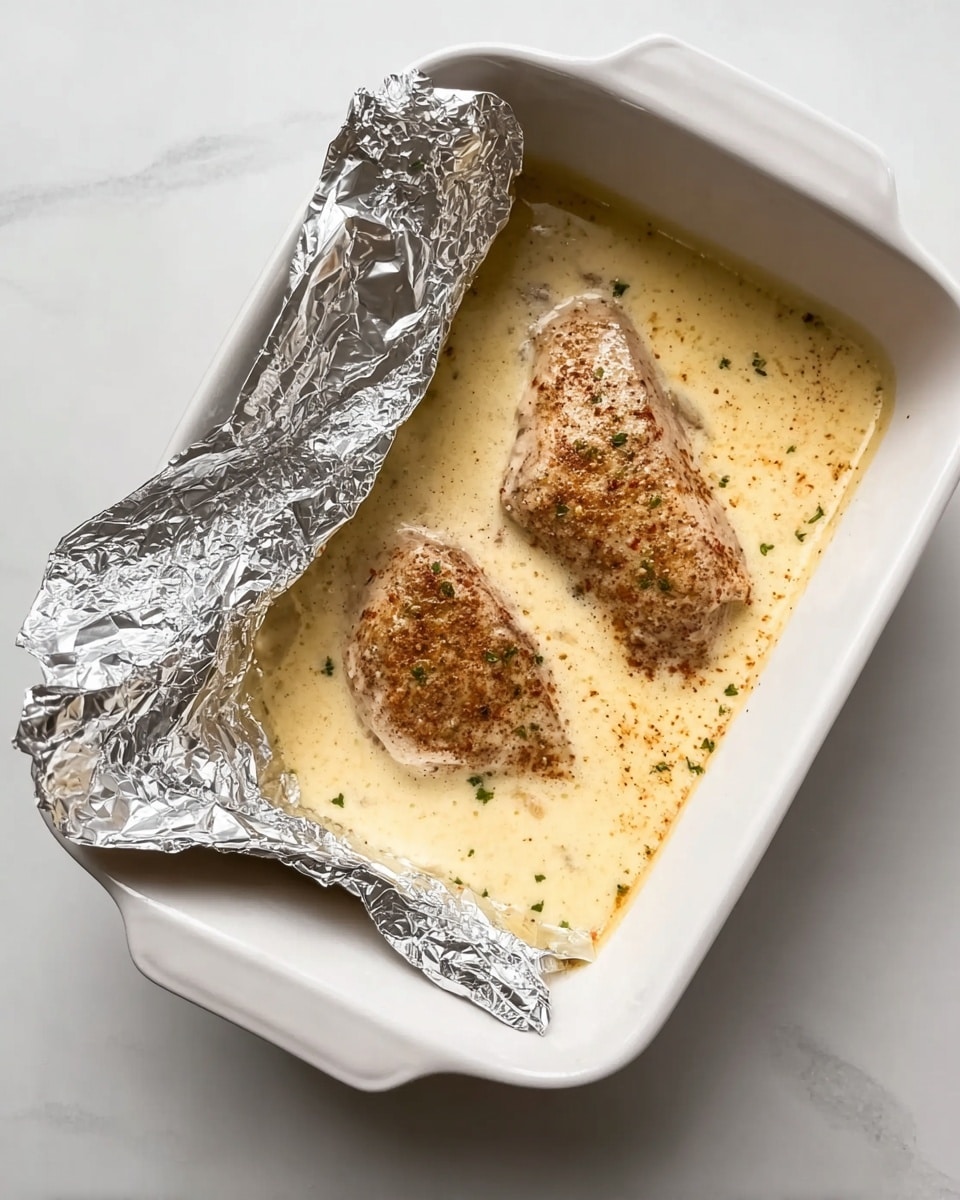 A white rectangular baking dish filled mostly with a pale yellow creamy sauce, with two pieces of meat partly covered in light brown seasoning resting in the sauce. The top left corner of the dish is covered with silver foil, folded back to show the contents inside. The dish is placed on a white marbled surface. photo taken with an iphone --ar 4:5 --v 7