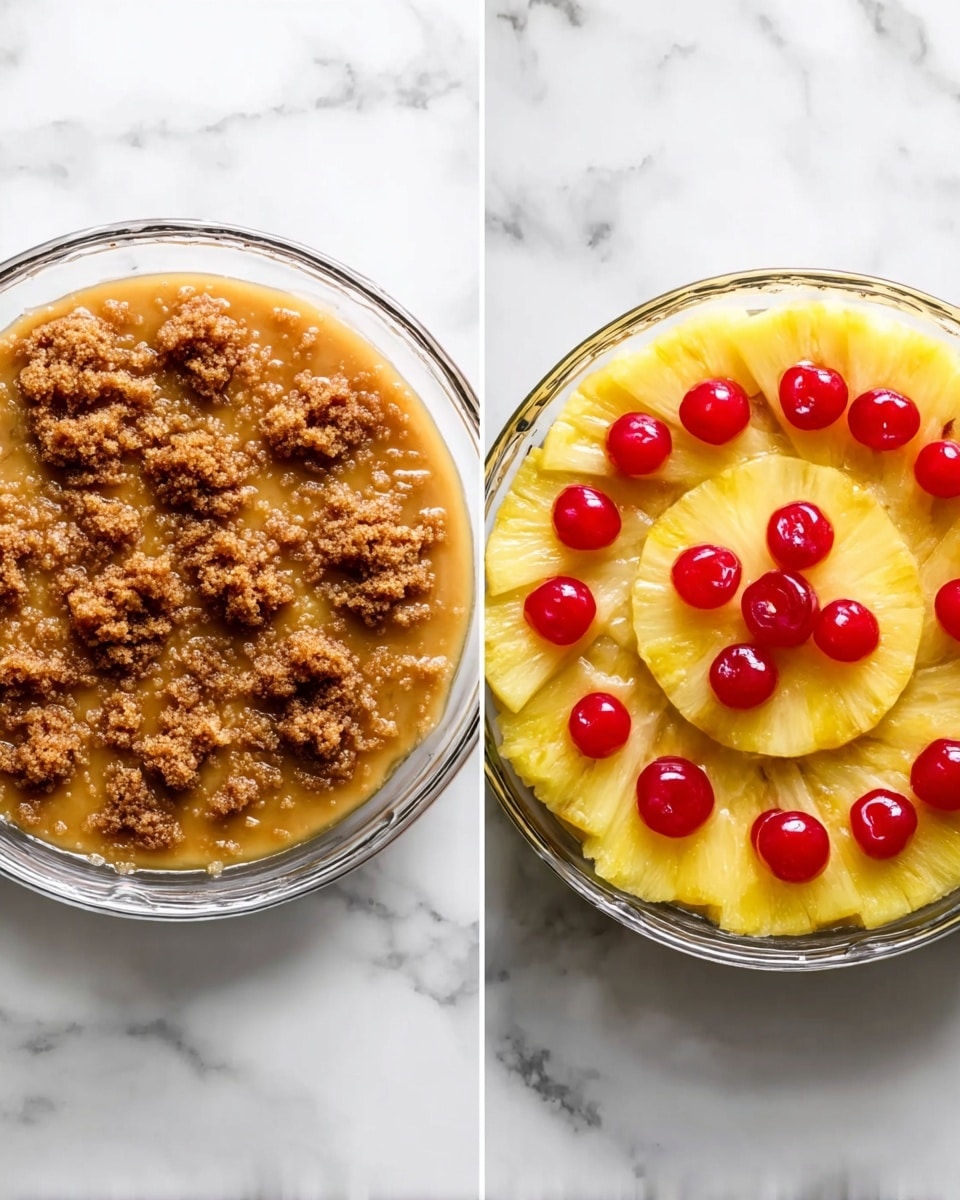 The image shows two stages of a dessert in clear round glass dishes on a white marbled surface. On the left, the dish has one layer of light brown sauce spread evenly, with crumbled clusters of darker brown sugar sprinkled on top. On the right, the dish has a layer of yellow pineapple rings placed neatly to cover the surface, with bright red cherries evenly spaced on top of the pineapple slices, creating a neat pattern. photo taken with an iphone --ar 4:5 --v 7