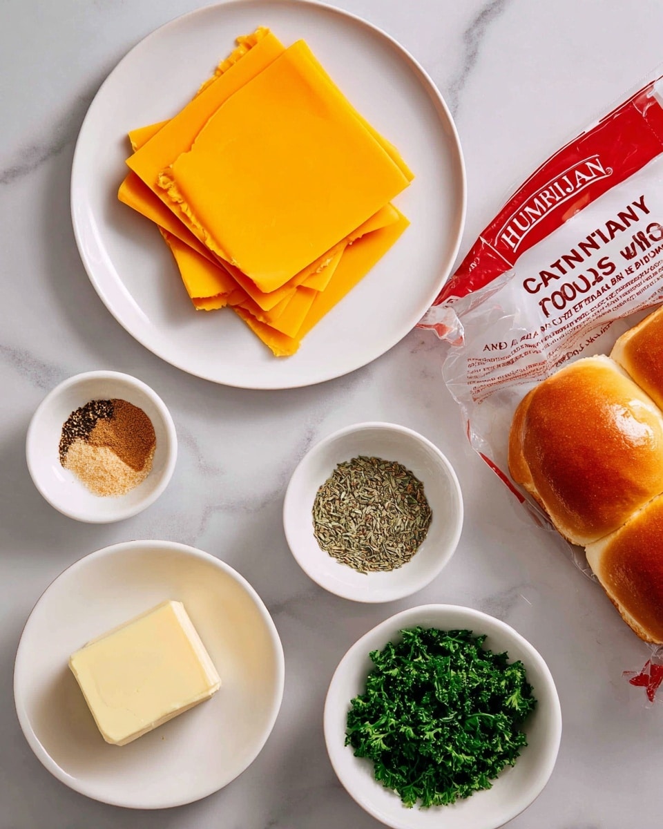 The image shows a few ingredients on a white marbled surface: a stack of bright orange cheese slices neatly placed on a white plate, a small white bowl with two types of seasonings—one light brown powder and one mix of dried green and brown herbs, a square piece of pale yellow butter in a small white bowl, and chopped fresh green parsley in another small white bowl. A package of Hawaiian sweet rolls with a red wrapper lies on the right side, showing soft brown rolls inside. The items are spread out clearly to show each ingredient. Photo taken with an iphone --ar 4:5 --v 7