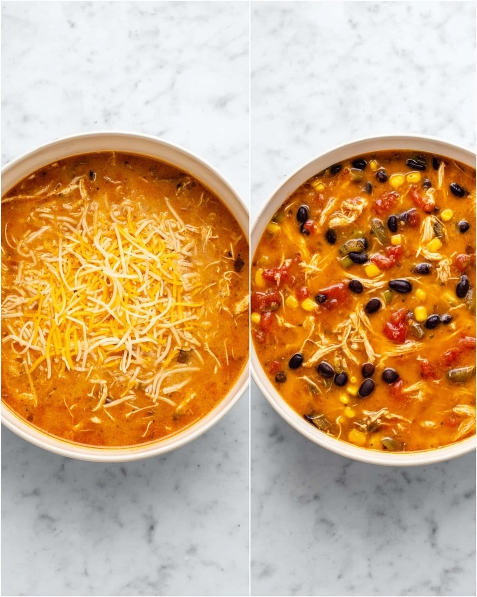 The image shows two views of a round white pot sitting on a white marbled surface. On the left, the pot is filled with a thick orange soup topped with a layer of shredded yellow and white cheese that covers the entire surface. On the right, the pot contains the same orange soup with visible layers including shredded chicken, black beans, corn kernels, diced tomatoes, and bits of green peppers mixed throughout the soup, giving it a chunky texture. The bright colors of the ingredients contrast with the rich orange broth. photo taken with an iphone --ar 4:5 --v 7