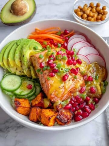 Salmon Nourish Bowl with Wild Rice, Veggies, and Honey Mustard Dressing Recipe