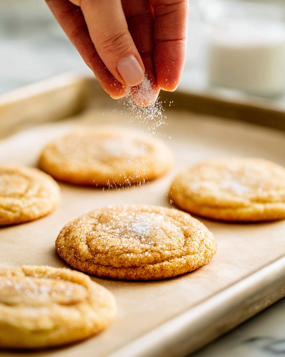 A close-up view of a baking sheet lined with parchment paper holding five round, golden brown cookies with a slightly cracked texture and subtle sugar crystals on top. A woman's hand is seen from above, sprinkling fine white sugar evenly over the cookie closest to the camera. The cookies have a light and slightly crispy edge with soft centers, resting on a parchment-lined tray against a white marbled surface blurred softly in the background. photo taken with an iphone --ar 4:5 --v 7