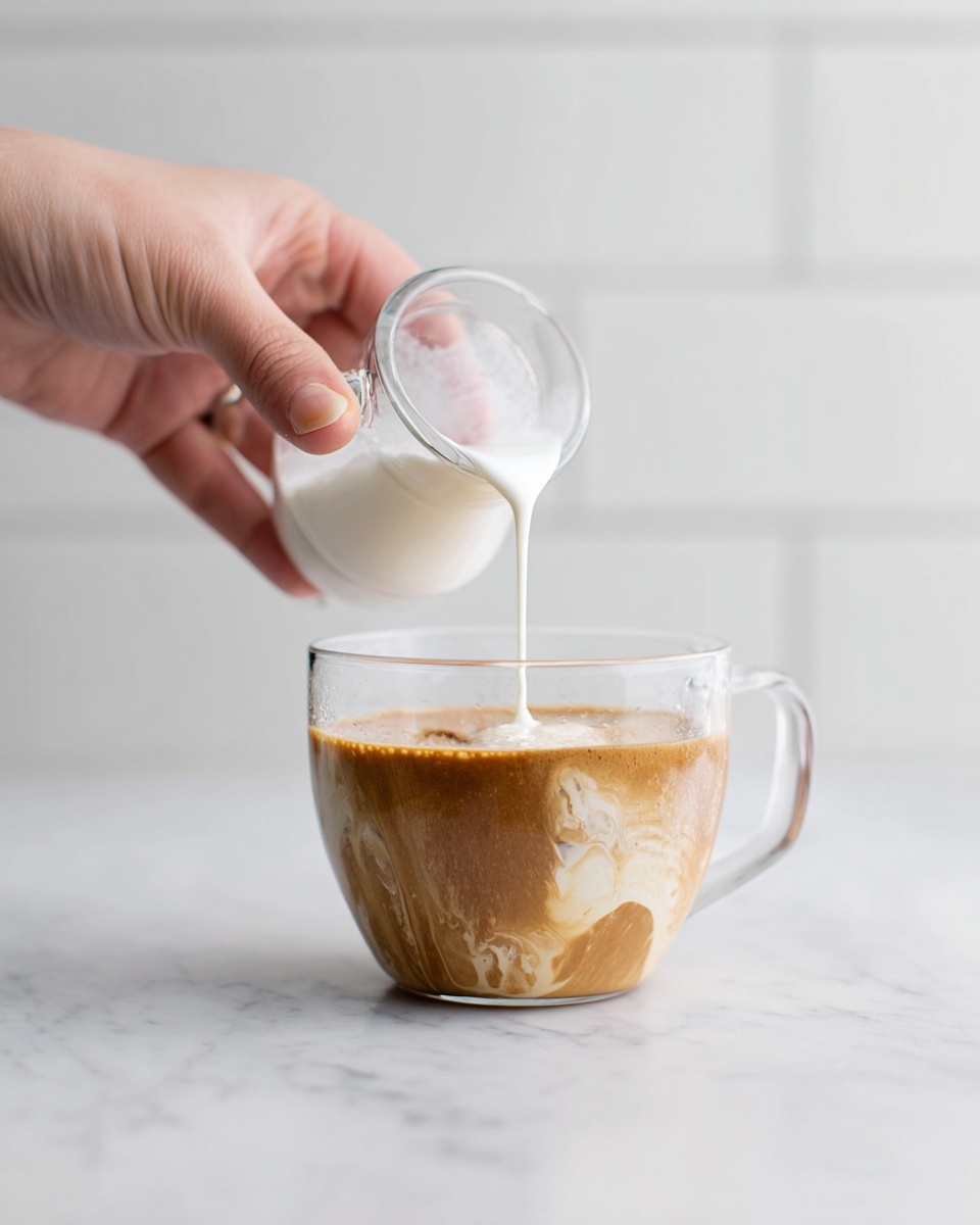A clear glass cup sits on a white marbled surface filled halfway with light brown coffee. Above it, a woman's hand holds a small clear glass jug, pouring white frothy milk into the coffee, creating swirling patterns where the milk mixes with the coffee. The background shows a soft white tiled wall, adding to the clean and simple setting. photo taken with an iphone --ar 4:5 --v 7