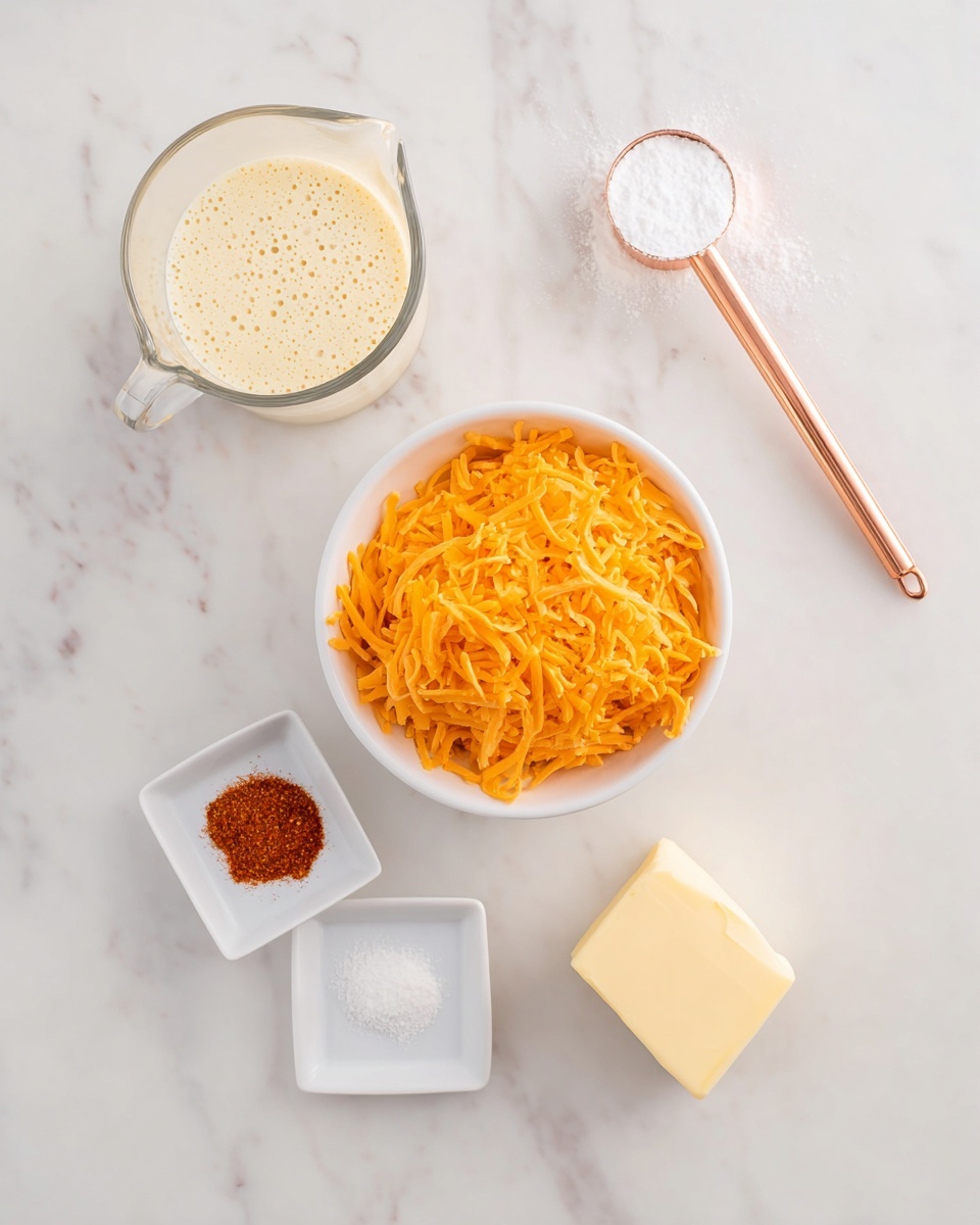Easy Taco Bell Cheese Recipe (Copycat) Recipe 4 A top-down view of five ingredients placed on a white marbled surface, neatly arranged in a circle. At the center, there is a white bowl filled with bright orange shredded cheddar cheese, showing many thin strips piled together. Above it to the left, a clear measuring cup contains a creamy, pale yellow liquid with tiny bubbles on the surface. To the right, a copper measuring spoon with a white handle holds a heap of white powder. Below the cheese bowl, there are two small white square dishes: the left one with a small pile of fine reddish-brown spice powder, and the right one with a smooth square of pale yellow butter. The overall scene is bright, clean, and well-lit, with soft shadows. photo taken with an iphone --ar 4:5 --v 7