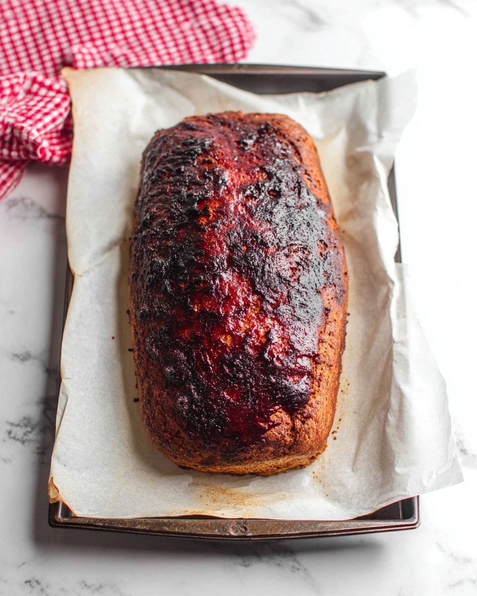 A single large loaf sits on white baking paper on a dark metal baking tray, showing a thick, dark reddish-brown crust that looks shiny and caramelized, with some blackened spots around the edges and on top. The surface has a rough texture with some bubbling and cracks, giving a rich roasted look. The background is a white marbled surface, with a red and white checkered cloth partially visible in the top left corner. photo taken with an iphone --ar 4:5 --v 7