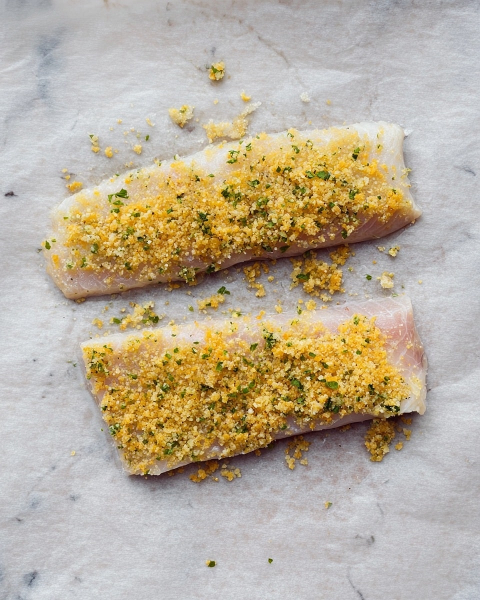 Two pieces of raw fish fillets lie flat on a sheet of light grey parchment paper over a white marbled surface. Each fillet is coated with a crumbly golden-yellow topping mixed with small green bits of herbs, spread evenly across the top layer. The fish underneath is pale pinkish-white, showing through the coating along the edges. Some crumbs are scattered loosely around the fillets on the parchment. photo taken with an iphone --ar 4:5 --v 7
