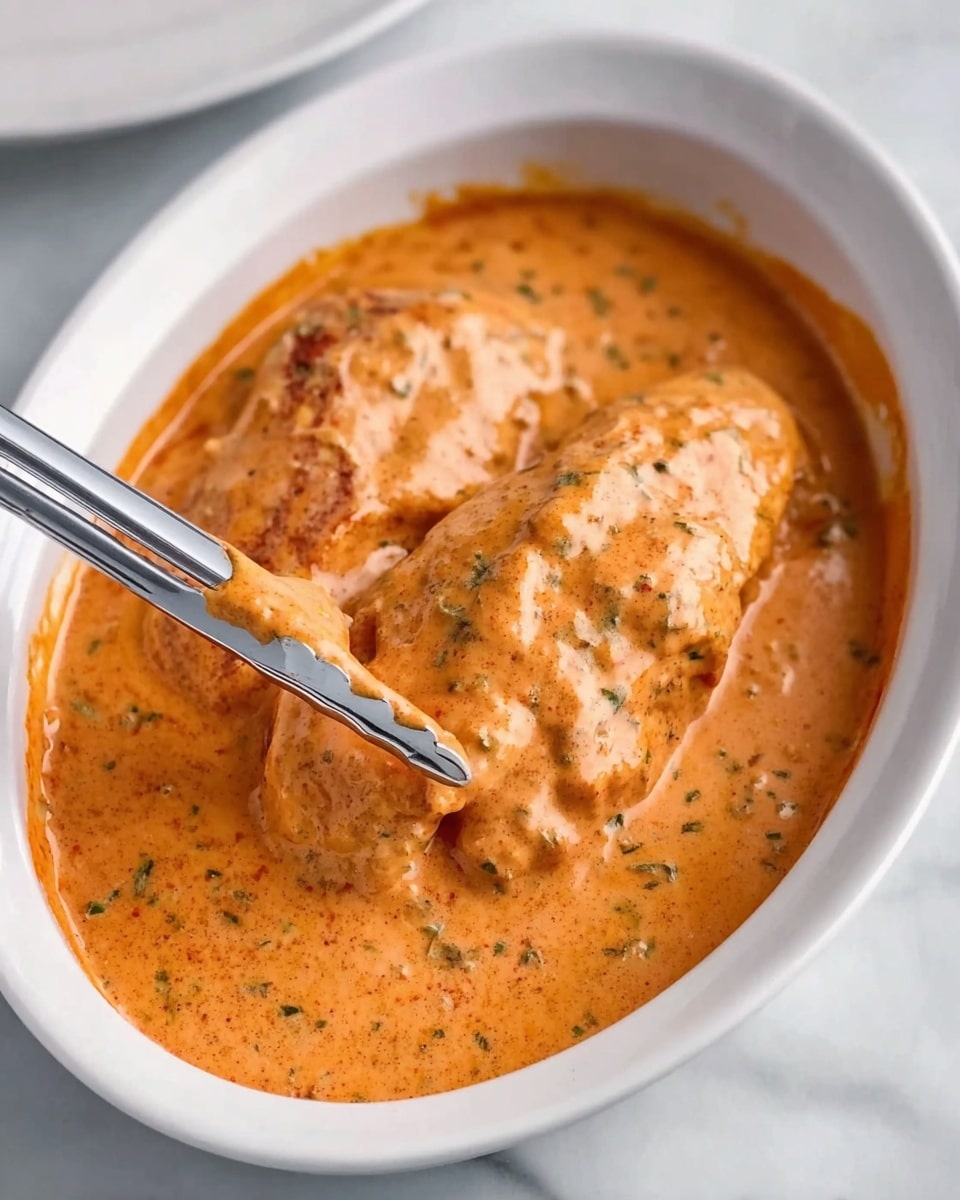 The image shows a white oval dish filled with two pieces of chicken covered in a thick, creamy orange sauce with small green herb bits mixed in. The sauce has a smooth texture with some visible specks and covers the chicken evenly. A pair of silver tongs is holding one piece of chicken, partially lifting it from the sauce. The dish is placed on a white marbled surface. Photo taken with an iphone --ar 4:5 --v 7