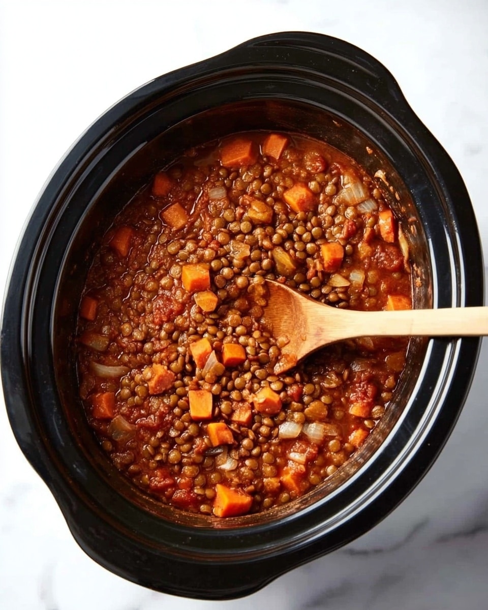 A black slow cooker filled with a thick lentil stew, showing small brown lentils mixed with bright orange carrot chunks and some diced onions, all coated in a rich reddish-brown sauce. A wooden spoon is dipped into the stew from the right side, stirring the mixture gently. The slow cooker sits on a white marbled surface with clear lighting, highlighting the textures of the lentils and vegetables. Photo taken with an iphone --ar 4:5 --v 7