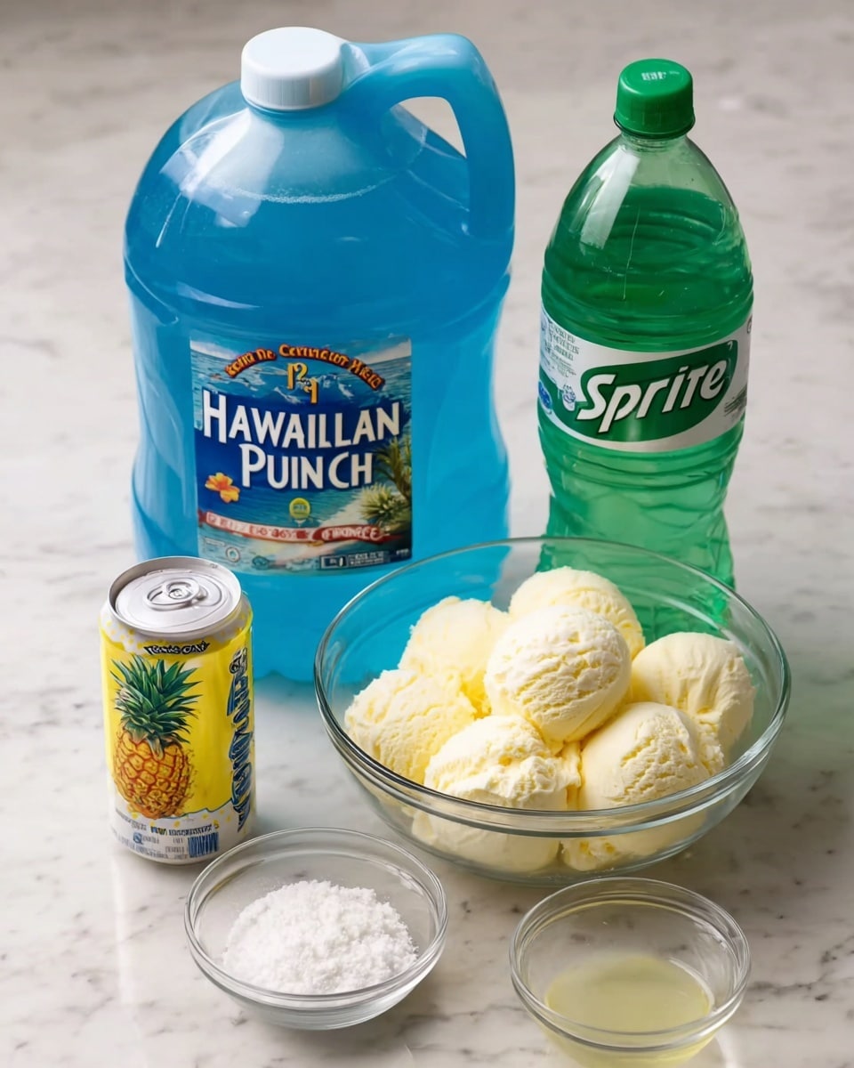 The image shows a white marbled surface with several ingredients placed on it. On the left, there is a large blue plastic jug labeled