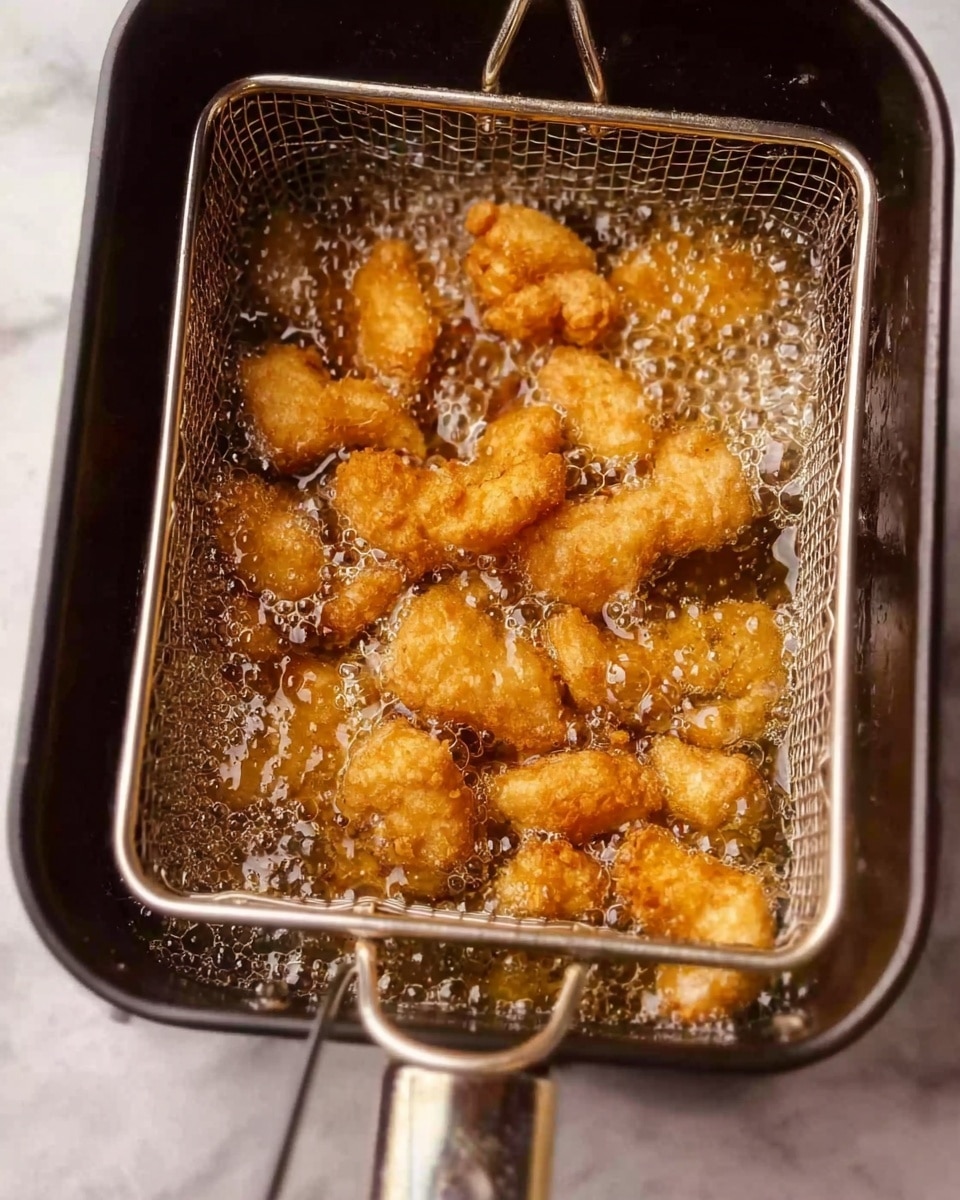 This image shows multiple small pieces of golden brown fried food, crispy and textured, bubbling and frying in hot oil inside a metal frying basket. The basket is square with a metal handle on one side, placed in a deep fryer filled with bubbling oil. The scene focuses closely on the basket and food, capturing the cracks and rough texture of the fried pieces as they cook. The background and surface are white marble texture, adding a clean contrast to the warm colors of the food and basket. photo taken with an iphone --ar 4:5 --v 7