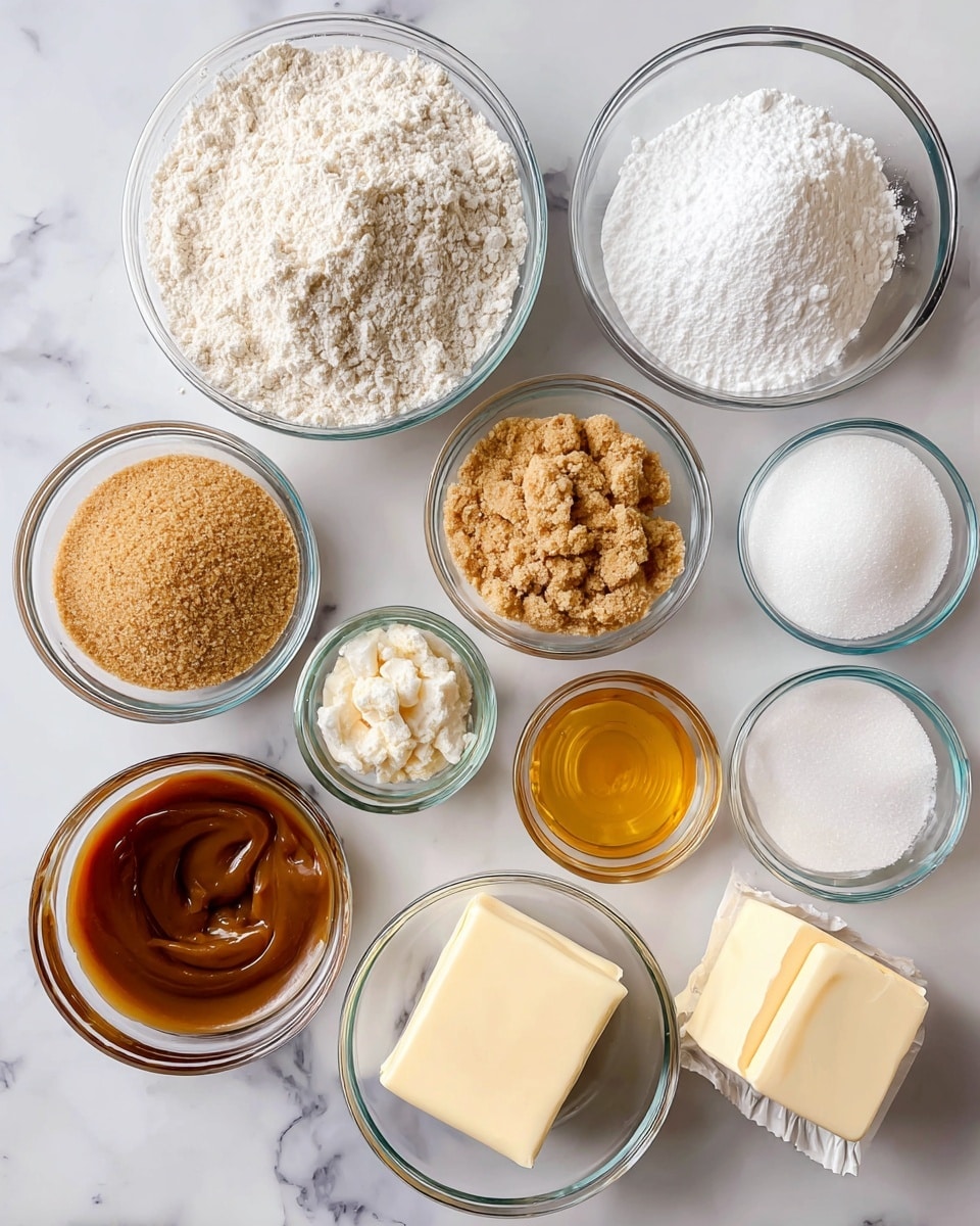 The image shows various ingredients placed in clear glass bowls and a small jar, all set on a white marbled surface. There is a medium bowl filled with white all-purpose flour, a bowl of light brown graham cracker crumbs, and another with white powdered sugar with a fine texture. A small bowl contains white granulated sugar, another has light brown soft sugar, and a tiny bowl holds salt. There is a block of cream cheese in a bowl, a small glass jar filled with caramel sauce showing a smooth, shiny caramel color, and a small bowl with golden vanilla extract. An egg rests directly on the surface near these bowls, along with a small amount of white baking soda in a bowl and a stick of butter in its wrapper placed nearby. photo taken with an iphone --ar 4:5 --v 7