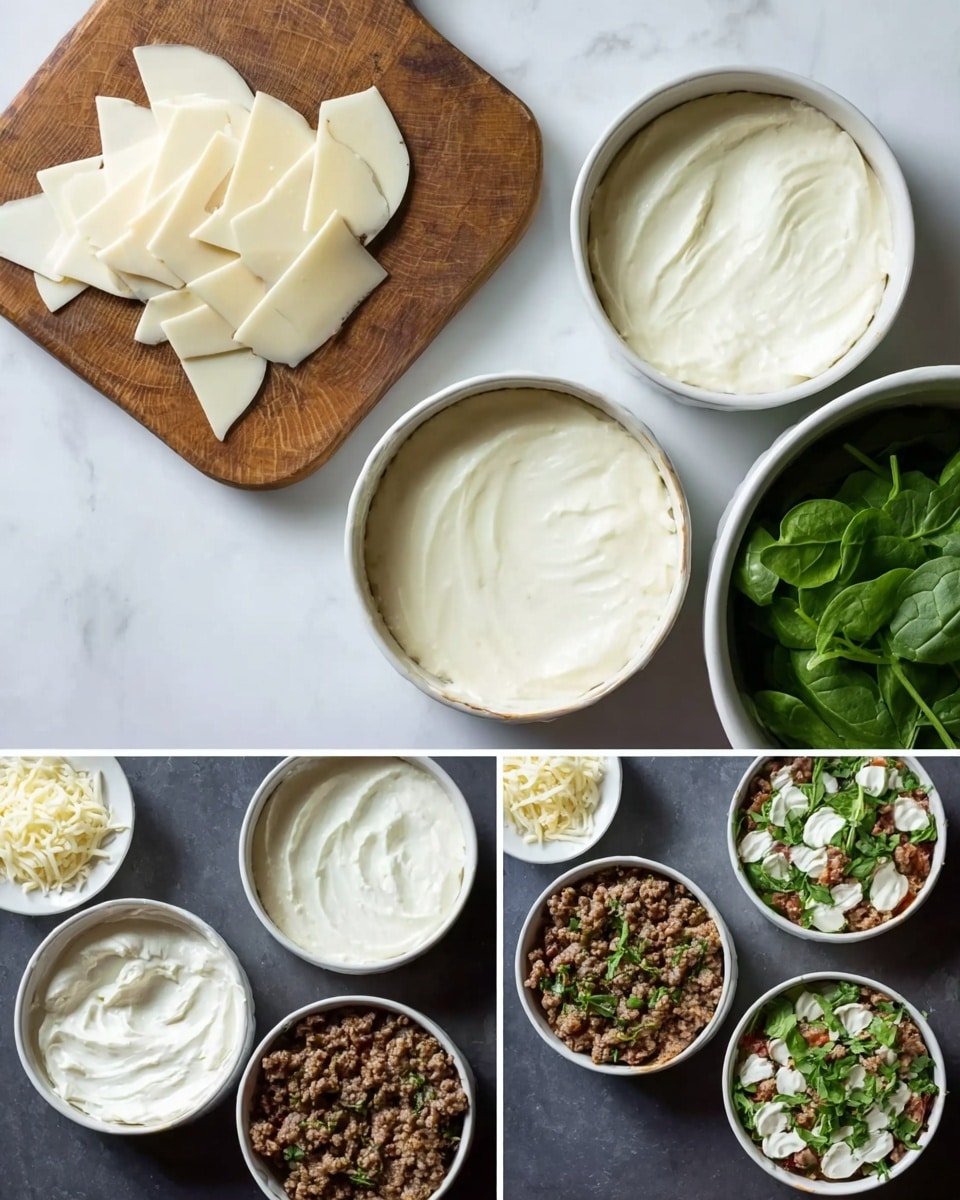 The image shows three white round baking dishes, each with a layer of white cream spread inside. A wooden board on the side holds a pile of white cheese slices. Below, there are three smaller pictures: the first shows the baking dishes now filled with a layer of white cream and a white mixture; in the second, one dish is filled with cooked ground meat, and another has fresh spinach leaves in a white bowl; in the last, the baking dishes have layers of meat, spinach, and fresh herbs neatly placed on top. All dishes and ingredients are placed on a white marbled surface. photo taken with an iphone --ar 4:5 --v 7