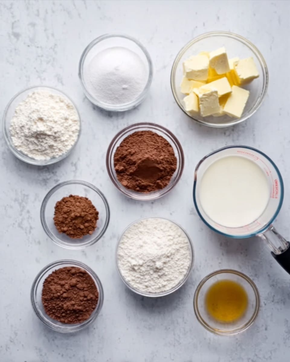 The image shows nine small clear glass bowls and a clear measuring cup arranged on a white marbled surface. Each bowl contains a different ingredient: white granulated sugar, white powdery flour, light yellow soft butter cubes, rich brown cocoa powder, light brown powder (likely brown sugar), a dollop of white creamy liquid, and golden liquid (likely vanilla). The clear measuring cup has a white liquid with a black handle, and one bowl holds a white granular powder (likely salt). The colors are light and natural, showing the ingredients neatly placed with simple textures on a clean white marbled background. photo taken with an iphone --ar 4:5 --v 7