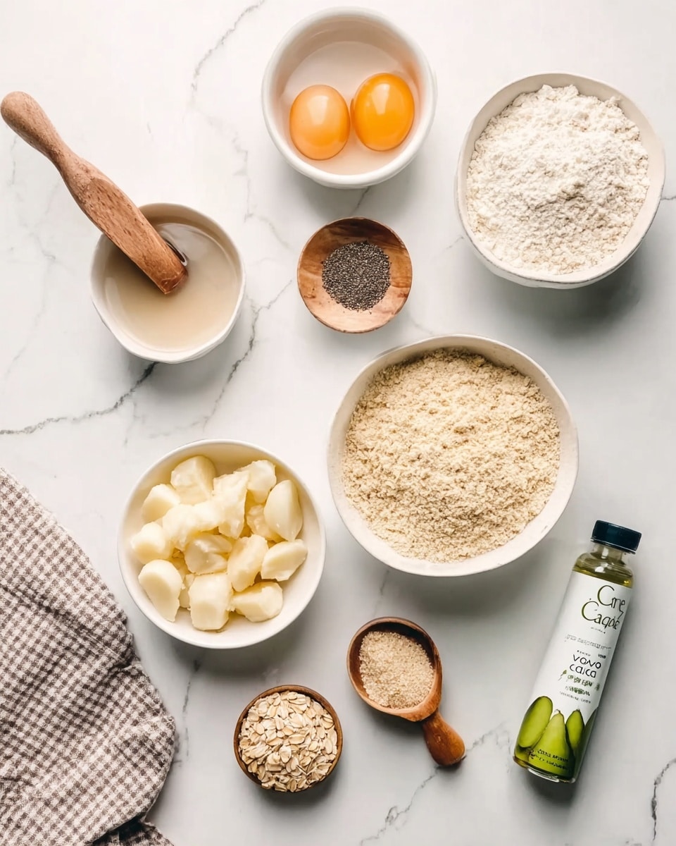 The image shows a white bowl with two raw eggs on the top right, and below it a white bowl filled with flour. To the left of the flour bowl is a small white bowl with black pepper. Near the center bottom is a bigger white bowl with brown sugar. On the left side, there is a large white bowl filled with peeled garlic cloves. Above it, there is a metal measuring cup with oats, and beside it a small wooden bowl with salt. On the bottom left corner, a white kitchen cloth with black checkered lines is placed. The background is a white marbled surface. photo taken with an iphone --ar 4:5 --v 7