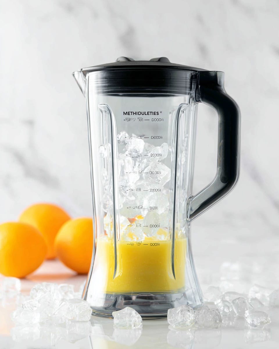 A clear blender container with black handle is shown filled with a small amount of yellow liquid at the bottom and several clear ice cubes above it. The blender sits on a white marbled surface scattered with more ice cubes around its base. In the background, there are two whole oranges slightly out of focus. The blender has measurement markings on the front in black text. photo taken with an iphone --ar 4:5 --v 7