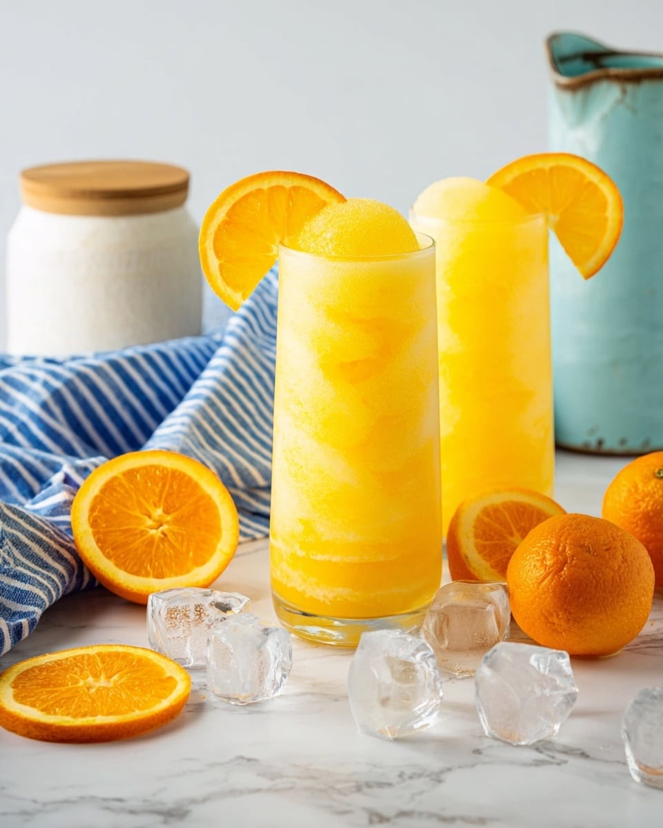 Two tall, clear glasses filled with bright yellow-orange slushy drink are placed side by side on a white marbled surface. Each glass is topped with a frothy layer of the same yellow-orange slush and garnished with a thin orange slice on the rim. Around the glasses, there are scattered clear ice cubes and three whole oranges, with two orange halves lying flat on the surface. In the background, a blue and white striped cloth is spread out, partially covering a white ceramic container with a wooden lid on the left and a rustic, light blue pitcher on the right. The photo taken with an iphone --ar 4:5 --v 7