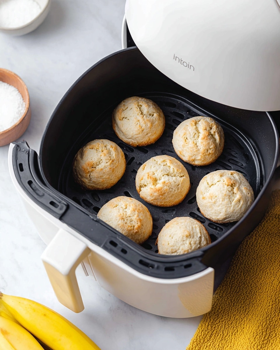 The image shows six small, round biscuits with a light golden brown top and a textured pale beige surface inside a black air fryer basket, which is part of a white air fryer. The biscuits have slight cracks on the top, showing a soft, fluffy interior. The air fryer sits on a white marbled surface with a bunch of ripe yellow bananas nearby, and a glimpse of a small white bowl of salt next to a yellow textured cloth is visible in the corner. Photo taken with an iphone --ar 4:5 --v 7
