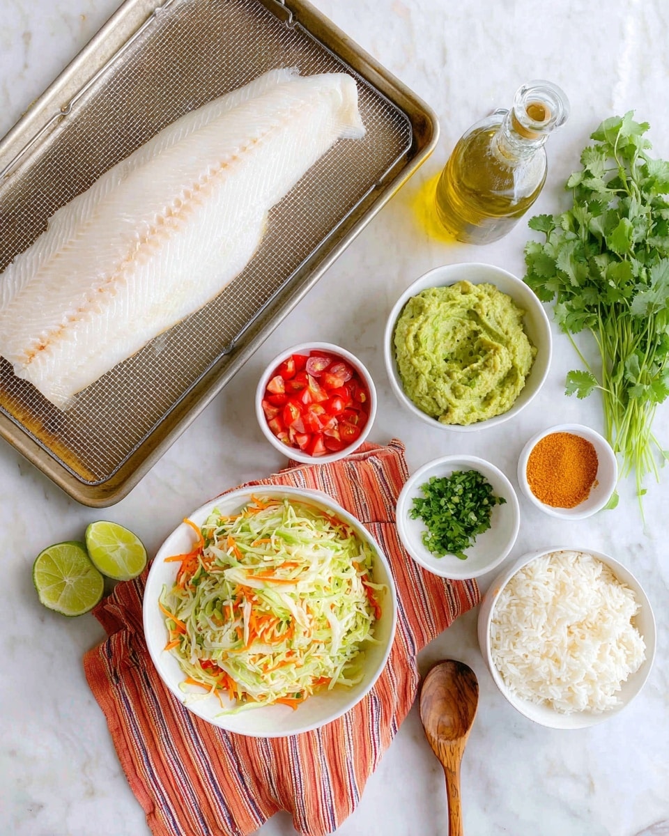 The image shows a large white fish fillet resting on a metal rack over a baking tray at the top left. Below the fillet, there is a white bowl filled with shredded green and orange cabbage salad placed on a striped reddish orange cloth. To the right of the fillet are several small white bowls with various ingredients: chopped tomatoes and green peppers, a herb dressing, white rice with green herb garnish, a bowl of mashed green guacamole, a wedge of lime, and a bowl with orange seasoning and a wooden spoon. There is also a bottle of olive oil and a small bunch of fresh green cilantro near the bowls. All items are set on a white marbled textured surface. Photo taken with an iphone --ar 4:5 --v 7