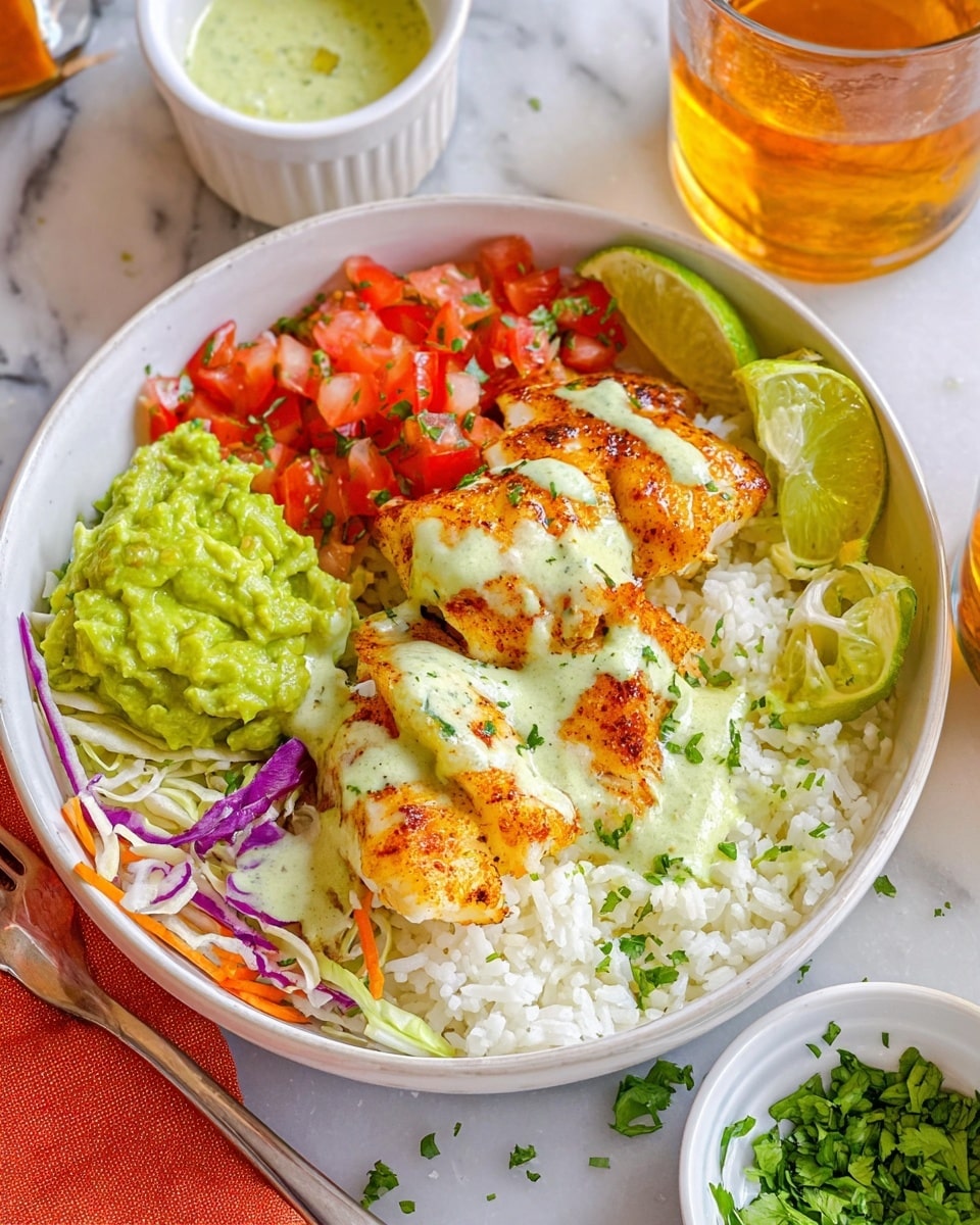 A white bowl holds a colorful dish with four main layers: at the bottom is a bed of white rice sprinkled lightly with green herbs, on top sits several pieces of golden-brown seasoned fish with a slightly crispy texture, drizzled with a creamy, light green sauce. To one side is a fresh pico de gallo of finely chopped red tomatoes and green herbs, and on the other side are bright green guacamole dollops next to a juicy wedge of lime. Finely shredded green cabbage and thin slices of red onion and carrot add color and texture around the edges. The bowl is placed on a white marbled surface with a glass of amber liquid, a small white ramekin with more green sauce, and some green herbs scattered around. photo taken with an iphone --ar 4:5 --v 7