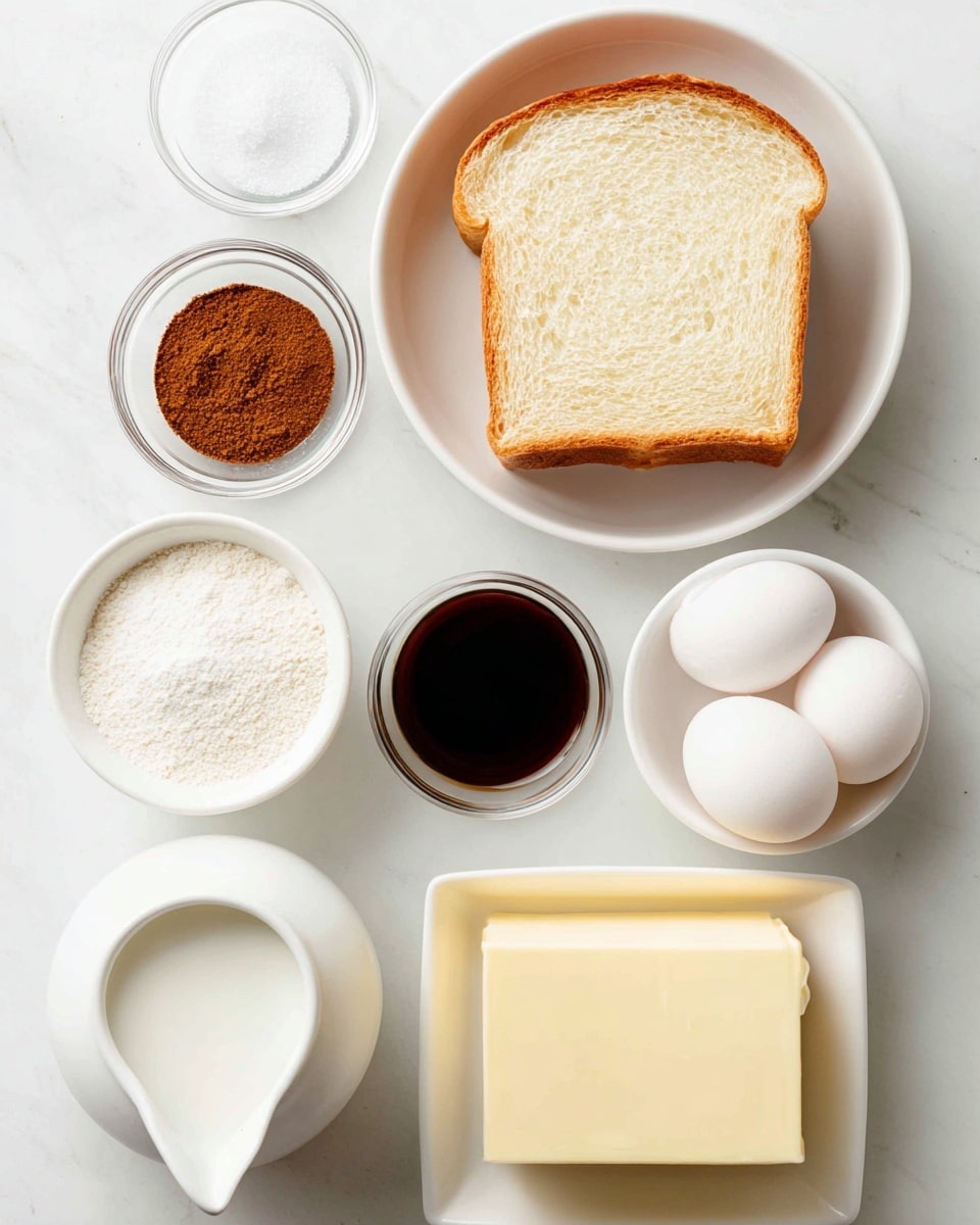 Several baking ingredients are arranged on a white marbled surface in simple white dishes. At the top center, there is one slice of white bread with a light golden crust placed in a shallow round white bowl. To the left of the bread, there are two small round glass bowls, the top one filled with brown cinnamon powder and the bottom one with dark maple syrup. Below these, a square white bowl holds white granulated sugar. At the center bottom, a small white pitcher contains milk. To the right, a rectangular dish holds a pale yellow square block of butter, and next to it, a small white tray contains two white eggs. The overall look is clean and minimal, showing the necessary elements for baking. Photo taken with an iphone --ar 4:5 --v 7