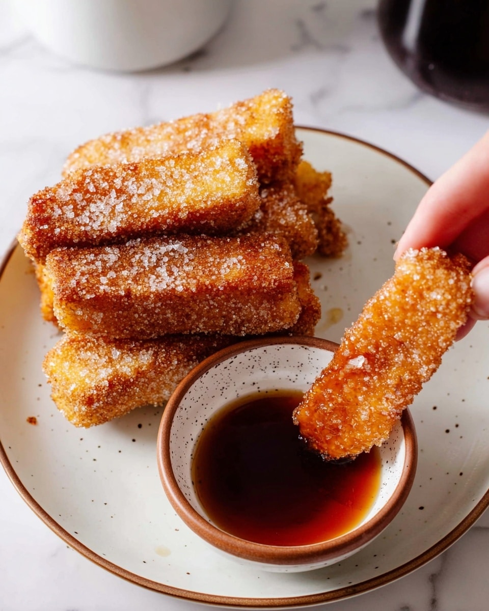 On a white plate with a light speckled pattern and thin brown rim, there are five pieces of rectangular, golden brown fried bread sticks sprinkled with sugar crystals. They are stacked in a loose pile on the left side of the plate. On the right side of the plate, a small brown bowl with a white speckled inside is filled with a dark amber syrup. A woman's hand is holding one bread stick, dipping it slightly into the syrup. The background shows a white marbled surface with blurred dark and white objects. photo taken with an iphone --ar 4:5 --v 7