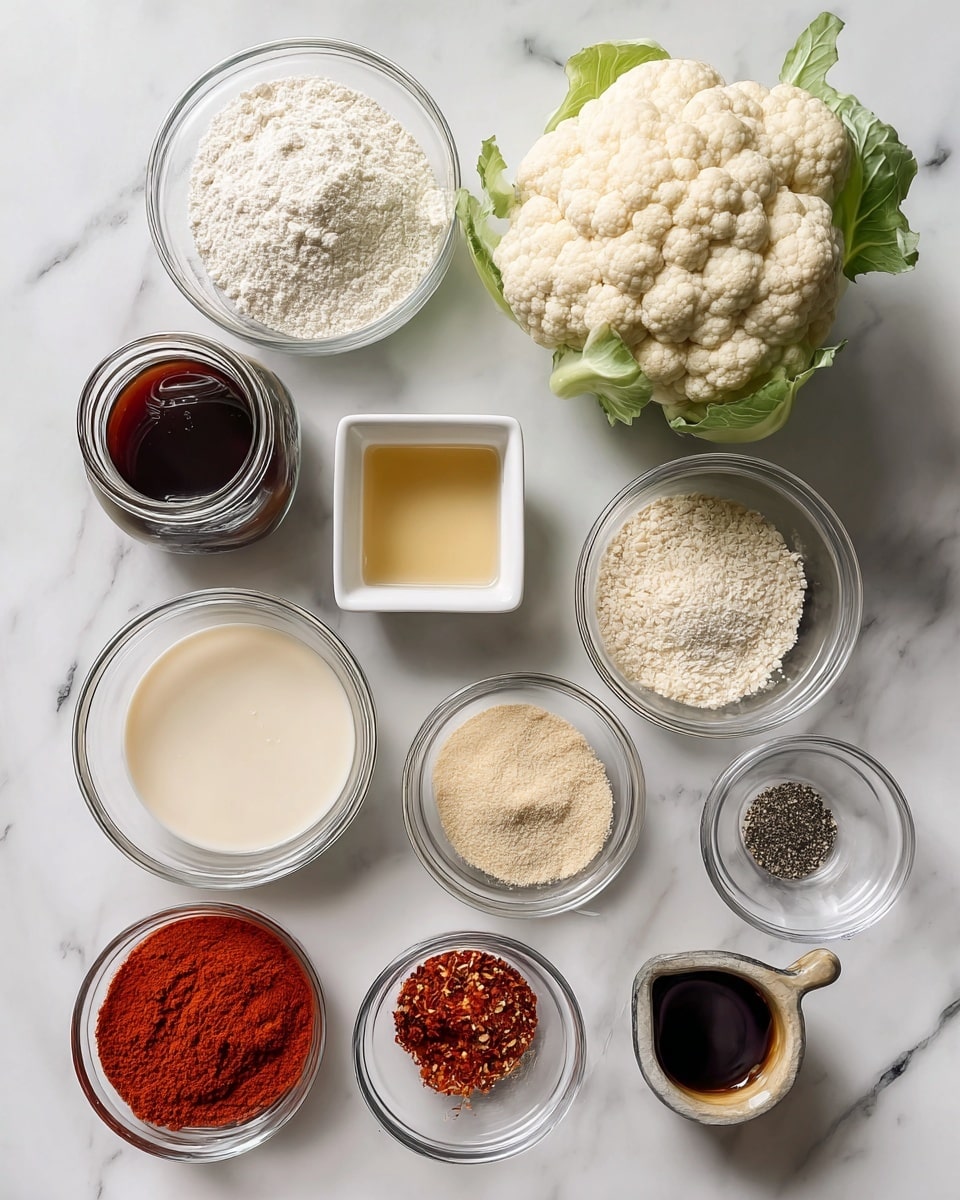 The image shows a top view of various cooking ingredients placed on a white marbled surface. There are eleven small bowls and one whole cauliflower head arranged neatly. Starting from the top right, the cauliflower is off-white and textured with green leaves peeking out. Below it is a small glass jar filled with dark brown dipping sauce. Moving left, a clear glass bowl is filled with fine white flour, and above it is a small white square bowl holding light golden vinegar. Below the flour is a medium clear glass bowl filled with creamy plant milk. To the right of the plant milk, a small white bowl contains black ground pepper. Next to it, a small clear glass bowl holds a light beige powder (onion powder). Underneath the pepper, a clear glass bowl has bright red paprika powder. To its right, a small dark bowl with a spout contains tan garlic powder. Beneath that is a round dark bowl filled with white sea salt. On the left side under the plant milk, a transparent bowl holds light brown breadcrumbs, and just below it, a small clear bowl has thick, dark red barbecue sauce. All items are arranged carefully and clearly labeled in black text. Photo taken with an iphone --ar 4:5 --v 7