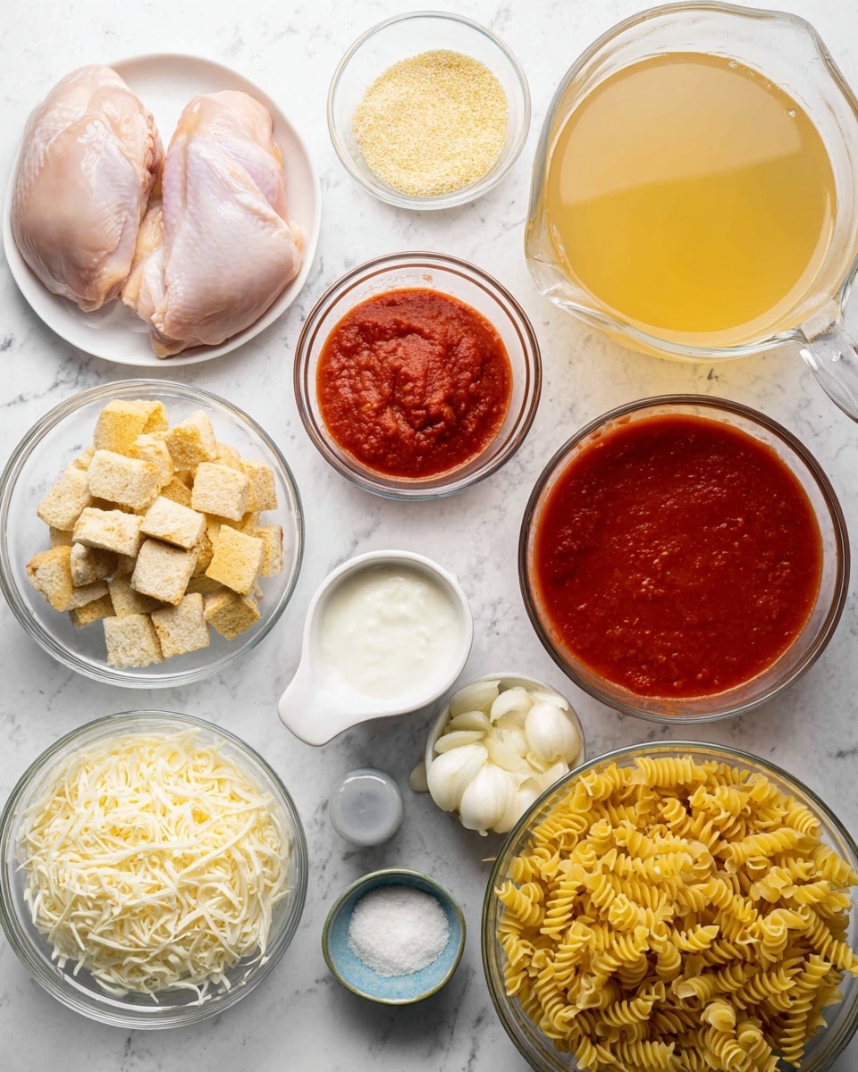 The image shows various ingredients arranged on a white marbled surface. There is one clear round bowl on the left holding two pieces of raw chicken with light pink skin. Above it is a large clear measuring cup filled with yellowish broth. To the right, there is a medium clear measuring cup filled with thick red tomato sauce and a smaller clear measuring cup with a smoother red tomato paste in front of it. Below, a small white ramekin is filled with white cream, next to it another white ramekin holds shredded white cheese. Near the center, a clear bowl contains square golden brown seasoned croutons. To the left of the croutons is a small blue bowl with a pale yellow powder, beside it is a sectioned dish holding salt and pepper. In the front lower part, a small white bowl has minced garlic, next to it is a white bowl filled with chopped white onions. A clear bowl on the bottom left has uncooked yellow spiral pasta. All items are neatly placed and the lighting is bright and natural. Photo taken with an iphone --ar 4:5 --v 7