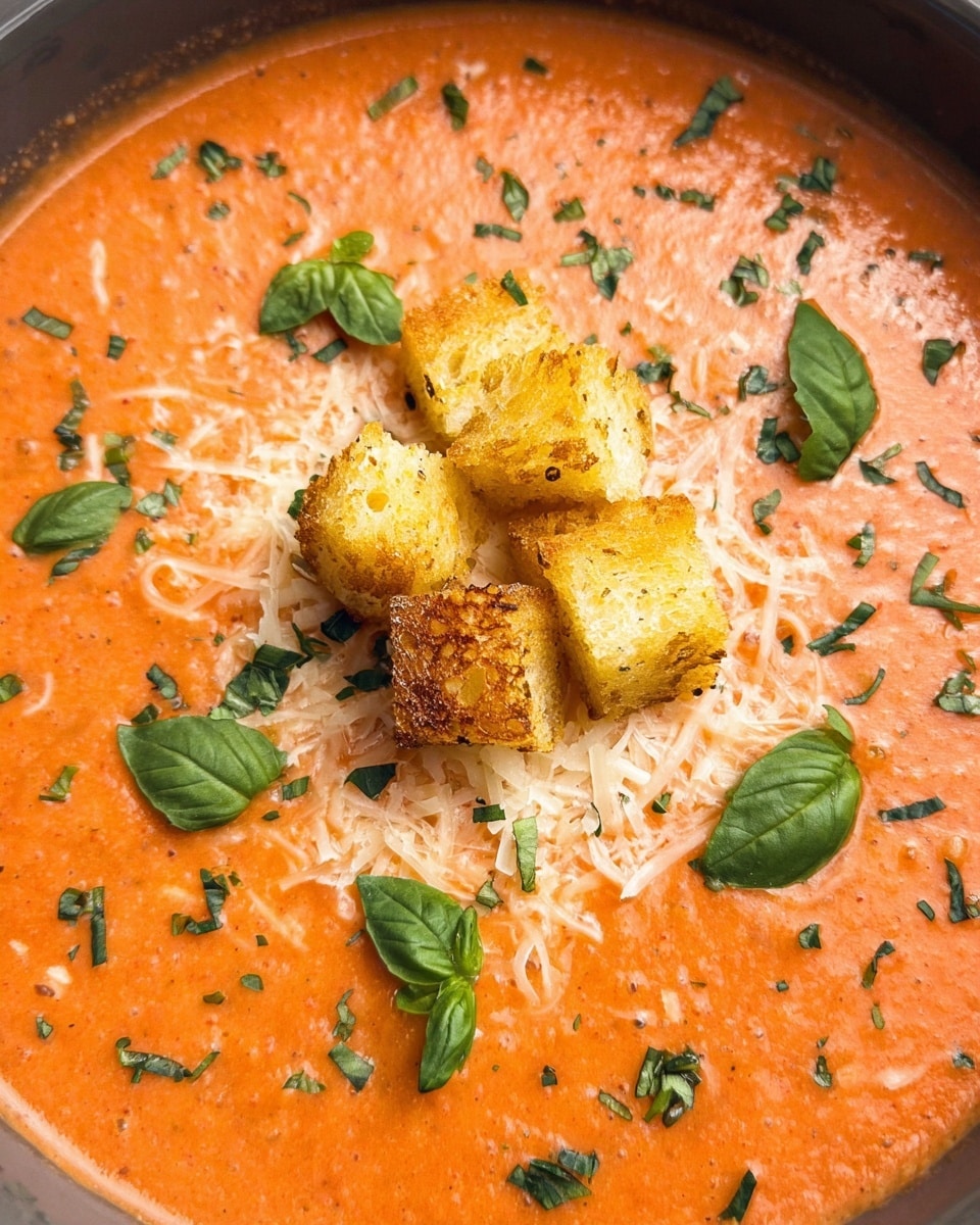 A creamy, orange tomato soup fills a white bowl, smooth in texture with small herbs sprinkled evenly across the surface. In the center, a small pile of golden, crispy croutons sits atop a bed of finely shredded white cheese. Around the croutons, fresh green basil leaves of varying sizes are laid gently on the soup, adding a pop of color and freshness. The soup has a rich, thick consistency with tiny bubbles and flecks of herbs visible. Photo taken with an iphone --ar 4:5 --v 7