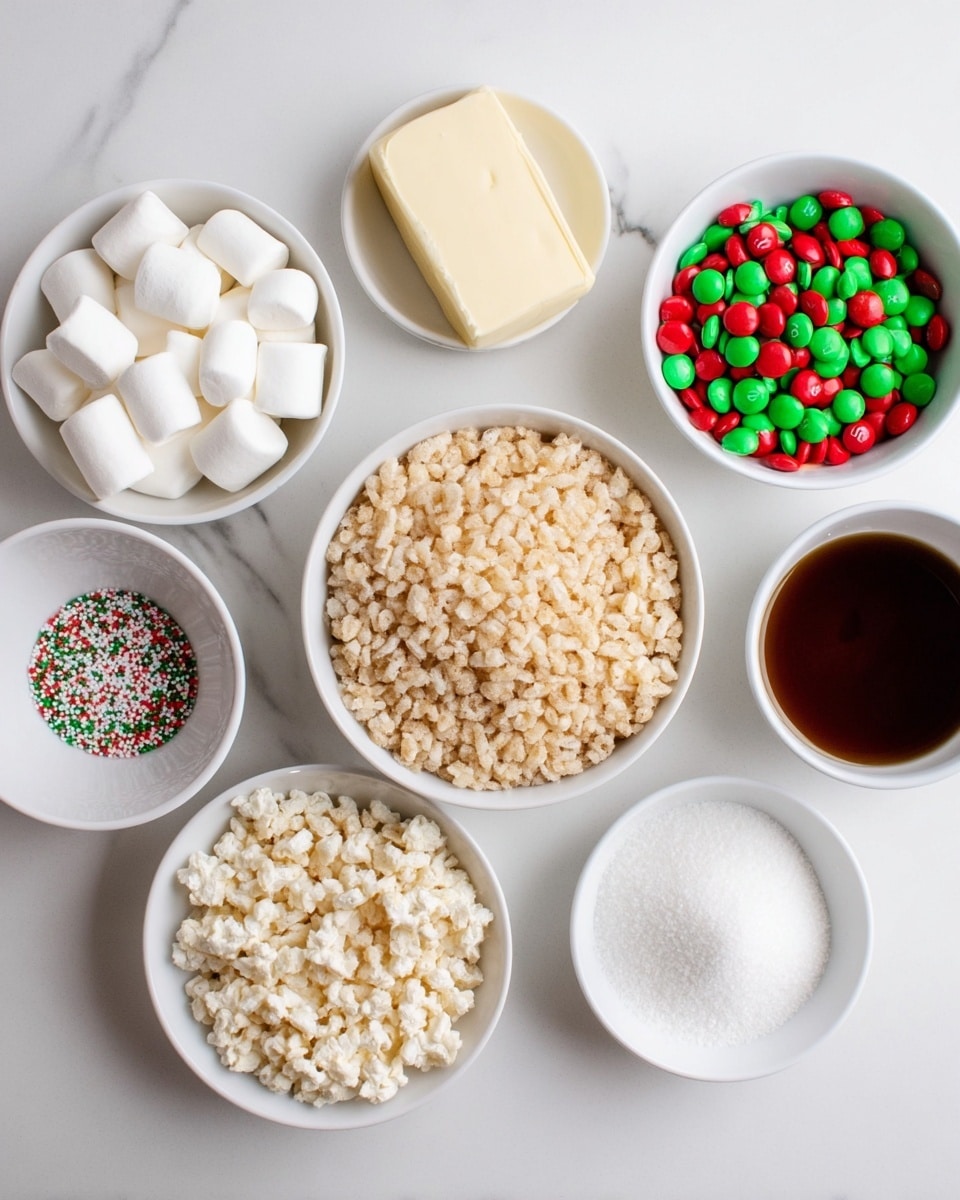 A top view of seven white bowls and a stick of butter arranged on a white marbled surface; the center bowl is filled with light tan puffed rice cereal pieces with a rough texture, surrounded by bowls containing white mini marshmallows, red and green candy-coated chocolates, white solid blocks of butter, dark brown liquid, white granulated sugar, and red, green, and white small round sprinkles; the butter stick is unwrapped on the top side, placed horizontally above the center bowl. photo taken with an iphone --ar 4:5 --v 7