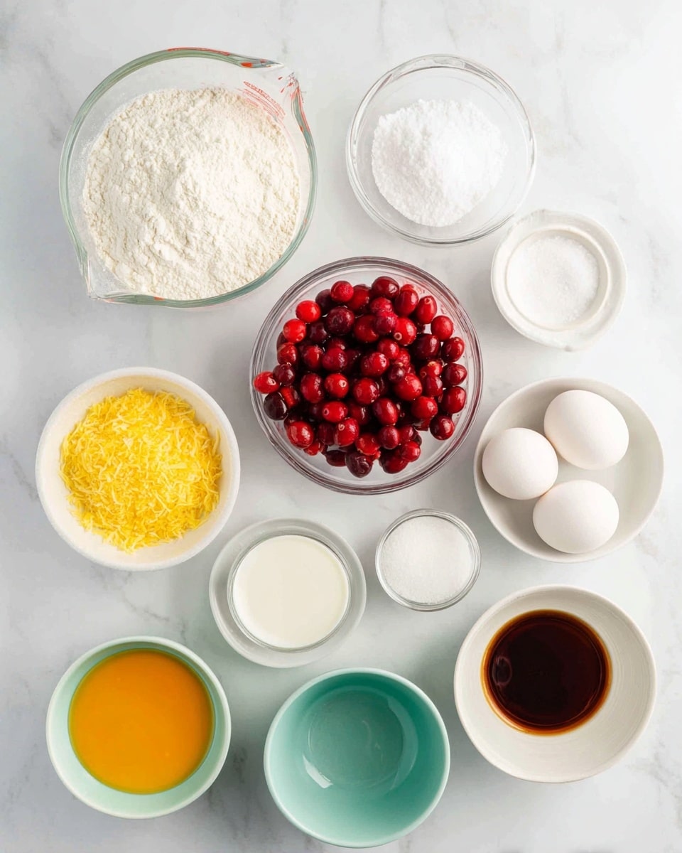A top view of several ingredients arranged neatly on a white marbled surface; in the upper left is a clear measuring cup filled with white flour, next to it on the right is a white bowl of white granulated sugar, below the flour is a small white bowl with salt, and to the right in the center is a clear glass measuring cup filled with bright red cranberries. Below the cranberries and to the right are two whole white eggs, next to them is a small white bowl filled with a yellow-orange liquid. Underneath the eggs is a white bowl with fine white powder, and to the left are a white bowl with grated yellow lemon zest, a small teal bowl with white milk, and a small clear bowl with dark brown vanilla extract. In the center, there is a small clear bowl with light yellow oil. All items are placed on the white marbled texture. Photo taken with an iphone --ar 4:5 --v 7