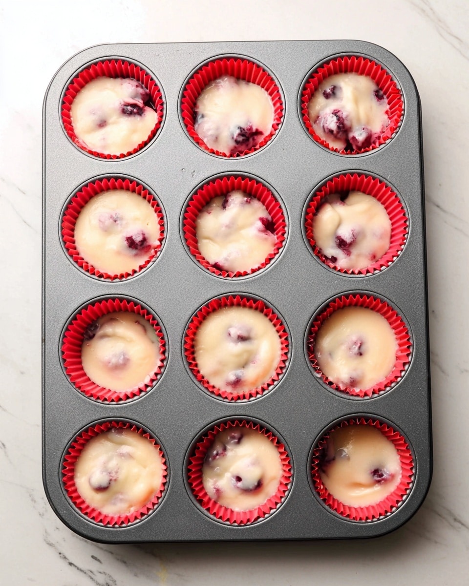 A gray metal muffin tray with twelve wells, each lined with a red paper cup filled with light, creamy batter mixed with visible small dark berries. The batter is smooth and slightly glossy, filling each cup unevenly with some batter spilling into the edges. The tray is set on a white marbled surface, and the image shows a top view with bright, natural lighting. photo taken with an iphone --ar 4:5 --v 7