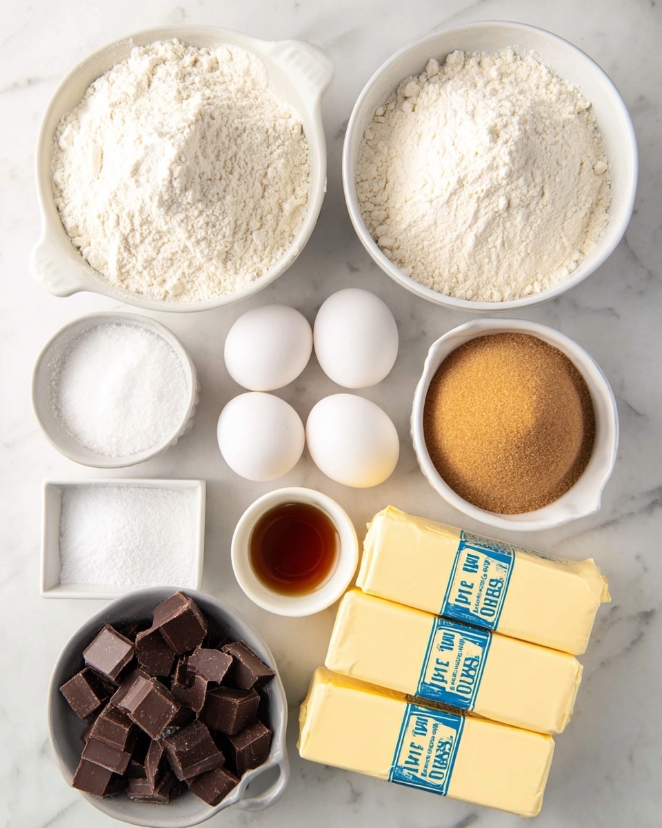 The image shows various baking ingredients arranged neatly on a white marbled surface. In the back center, there are two white bowls filled with flour; the one on the left has slightly more flour, and the one on the right has a coarser texture. In front of these bowls, slightly to the left, there is a small white bowl with white granulated sugar and next to it a ramekin with packed brown sugar, smooth and dome-shaped. At the front right, there are two sticks of butter placed side by side with blue text on their wrappers. Below the butter are two white eggs placed close together. To the left of the eggs, a small white square dish contains some white powder, and close to it is another small white bowl holding a dark amber liquid. In the very front center, there is a light gray cup filled with square chunks of dark chocolate. The overall colors are mostly white, brown, and yellow, set against the clean white marbled surface. Photo taken with an iphone --ar 4:5 --v 7