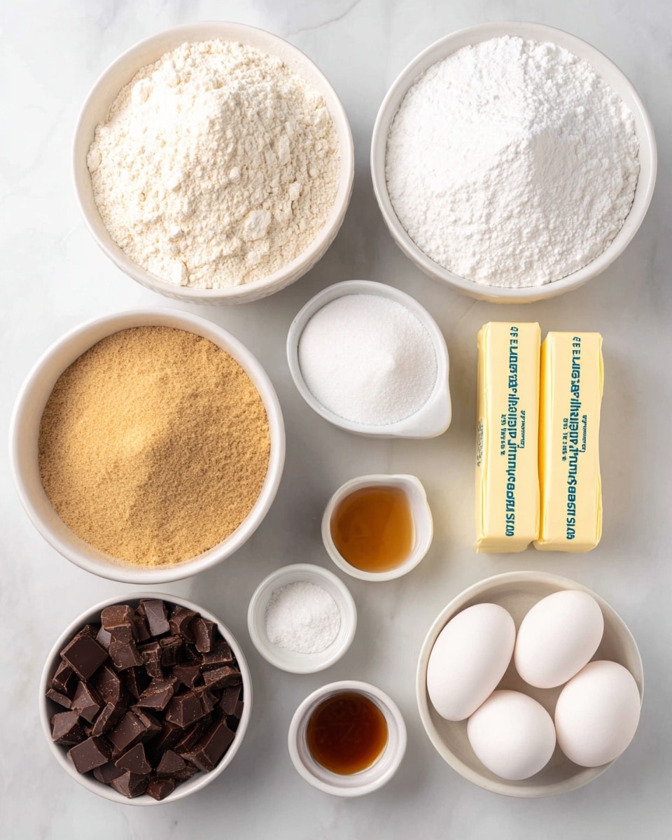 The image shows a variety of baking ingredients placed neatly on a white marbled surface. There are two large white bowls filled with flour and powdered sugar at the top, with a smaller white bowl of granulated sugar and a white ramekin with light brown sugar in the middle. Two sticks of unsalted butter with yellow wrappers are placed side by side to the right. Below, there are two white eggs next to four small white dishes containing baking powder, vanilla extract (amber liquid), baking soda, and white cornstarch. At the bottom left, a small white bowl holds dark chocolate chunks. The arrangement is bright and clean, with soft lighting and clear details, photo taken with an iphone --ar 4:5 --v 7
