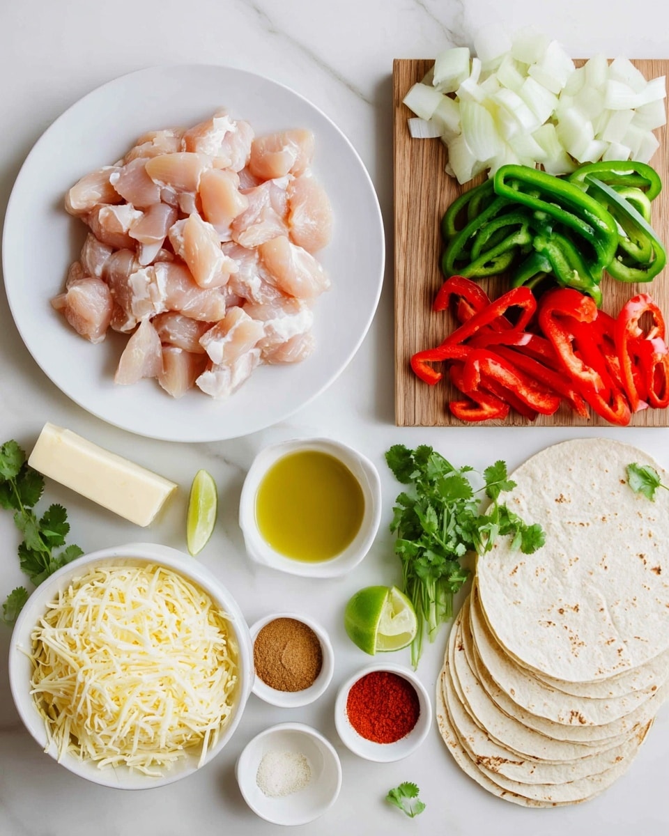 The image shows a food setup on a white marbled surface featuring several items. There is a white plate in the center filled with raw light pink chicken pieces. Above it to the right, a wooden cutting board holds three piles of sliced vegetables: green bell peppers, white onions, and red bell peppers, arranged from left to right. Below the board to the right, there's a stack of round, light beige tortillas, partially covered with green cilantro leaves and a halved lime beside them. On the left side, there is a white bowl filled with shredded light yellow cheese. Near it are small white bowls containing golden yellow oil and bright red spice powder. Also, a stick of butter in pale yellow is wrapped partially in paper on the top left. Small green cilantro sprigs decorate the setup. photo taken with an iphone --ar 4:5 --v 7