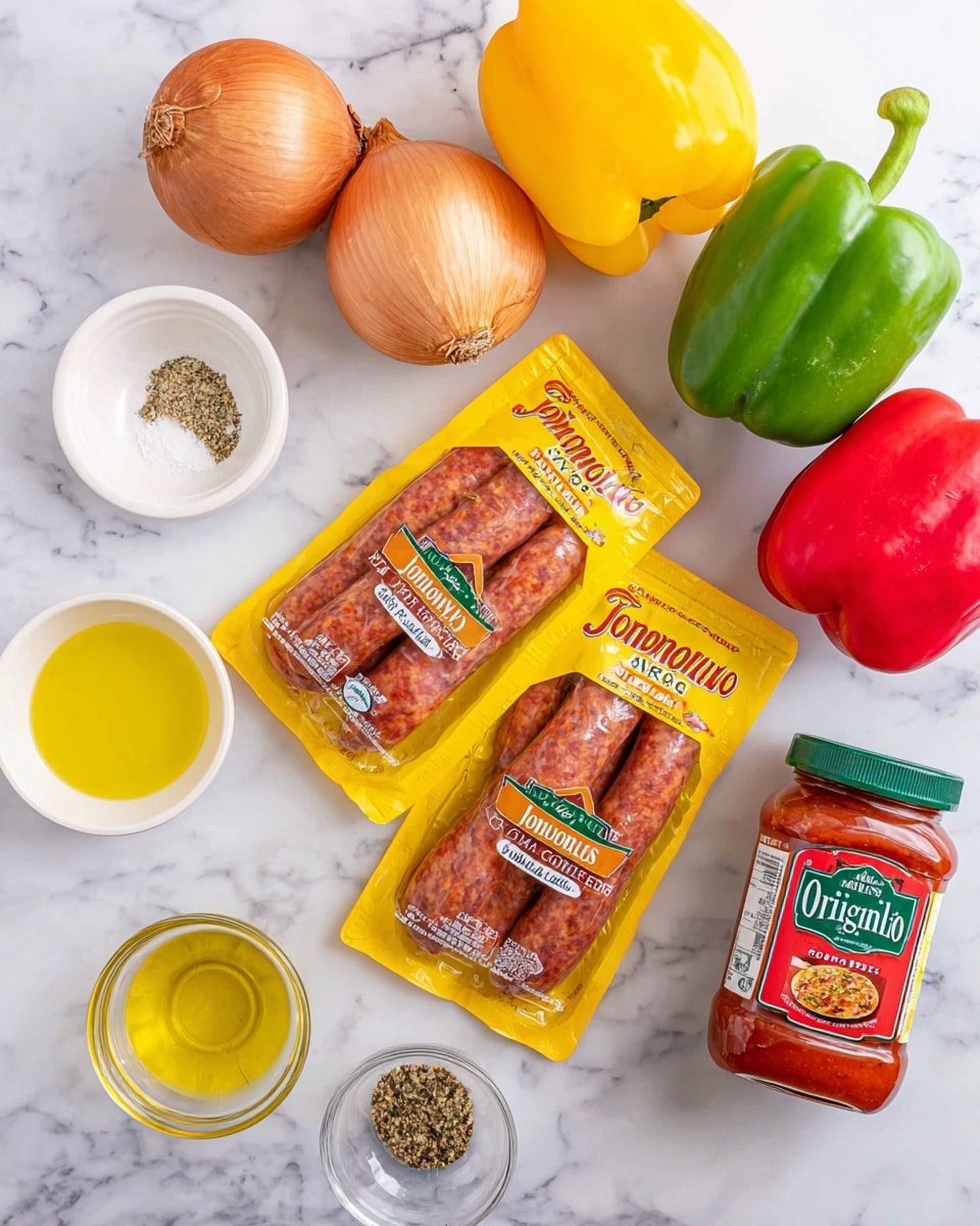 The image shows two yellow plastic packs of Johnsonville hot Italian sausage placed side by side on a white marbled surface, with visible reddish-brown sausages inside. Around the sausages, there are three yellow bell peppers at the bottom right, two green bell peppers, and two red bell peppers towards the top right. On the top left, two brown onions and a white garlic bulb sit close together. Below the sausages, on the white marbled surface, there is a small clear glass bowl with yellow olive oil, a white small bowl containing a mix of salt and black pepper, a glass jar of Simply Organic Italian seasoning with a green lid, and a jar of Rao's Homemade Marinara sauce with a green lid. All items are neatly arranged and spaced out. photo taken with an iphone --ar 4:5 --v 7