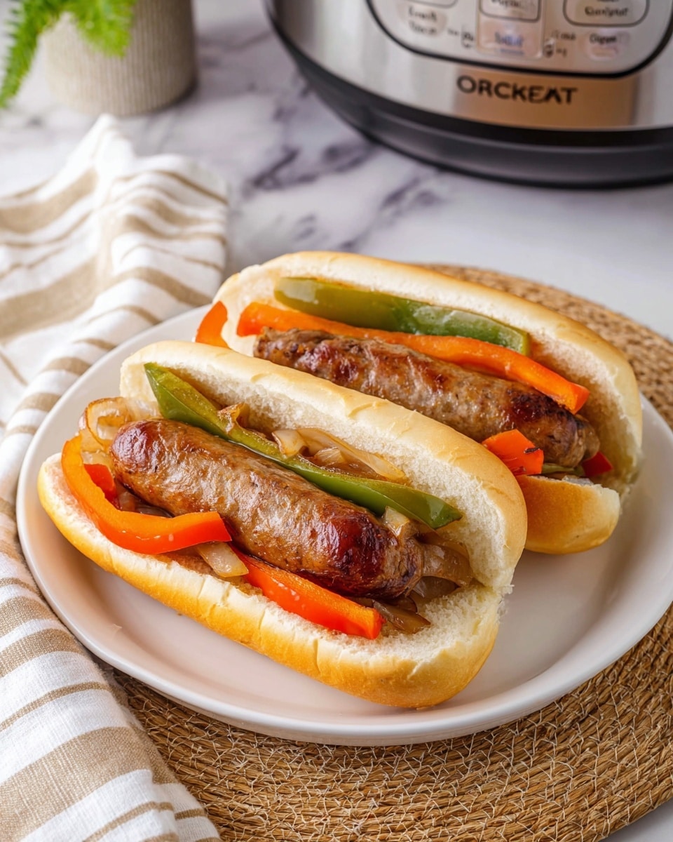 Two sausage sandwiches sit side by side on a white plate placed on a beige woven mat and a white towel with light gray stripes. Each sandwich has a soft, white bun with a light toasted inside. Inside the buns are browned sausages with a slightly shiny texture, layered with cooked strips of green and orange bell peppers and small pieces of cooked onion. The plate and sandwiches are on a surface with white marble texture, and a stainless steel slow cooker is partly visible in the background. Photo taken with an iphone --ar 4:5 --v 7
