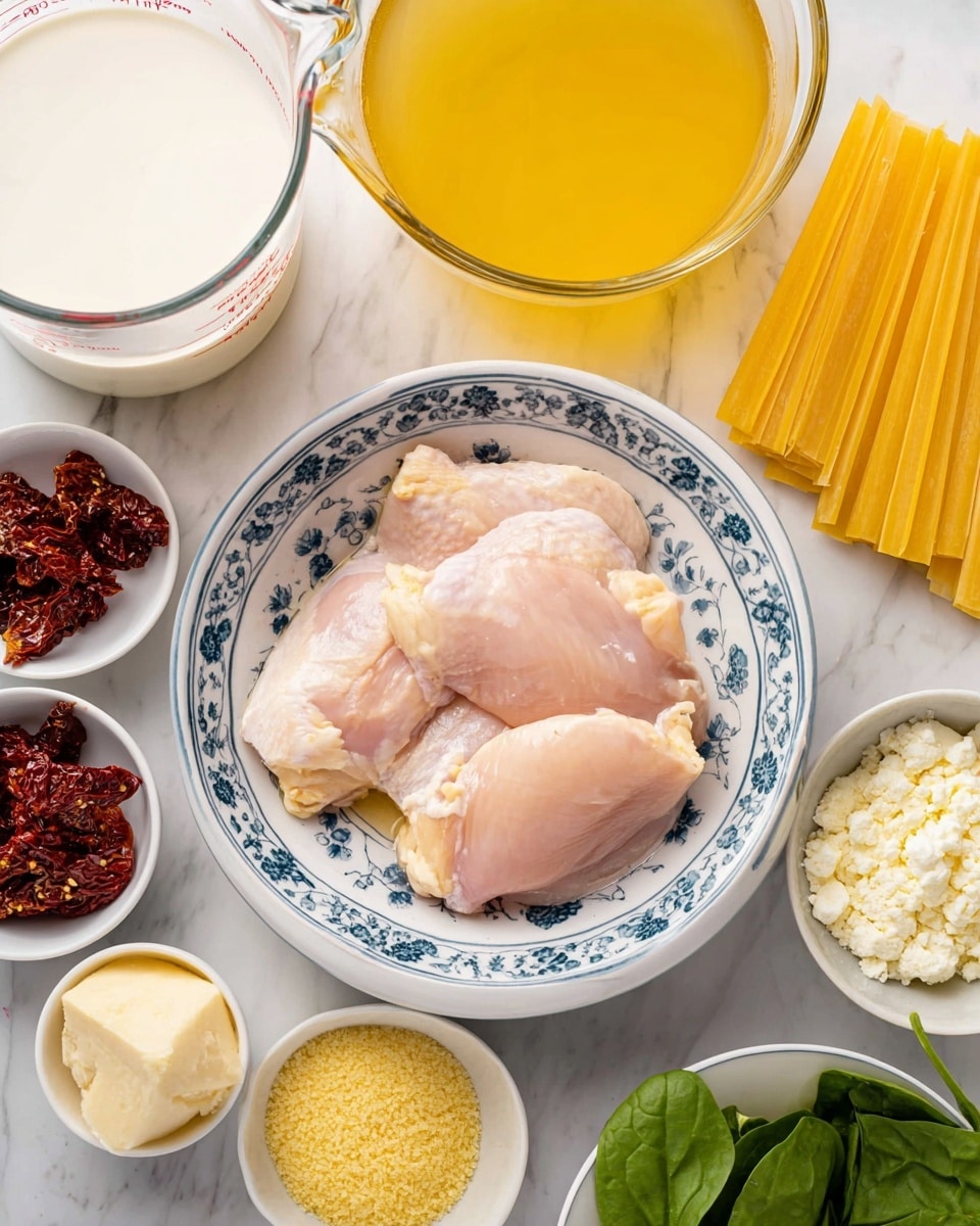 The image shows ingredients arranged on a white marbled surface. In the center, there is a white bowl with blue floral patterns holding four pieces of raw pale pink chicken meat. Around it, there are small white bowls and dishes with different ingredients: golden-yellow grated cheese, red sun-dried tomatoes soaking in oil, creamy white cheese, minced yellow garlic, and white powder (likely flour or cornstarch). At the top left corner, there is a large glass measuring cup filled with golden broth, and next to it, a clear bowl with white milk. On the far right, there is a pack of yellow lasagna sheets. Some fresh green spinach leaves are partially visible at the bottom right corner. Photo taken with an iphone --ar 4:5 --v 7