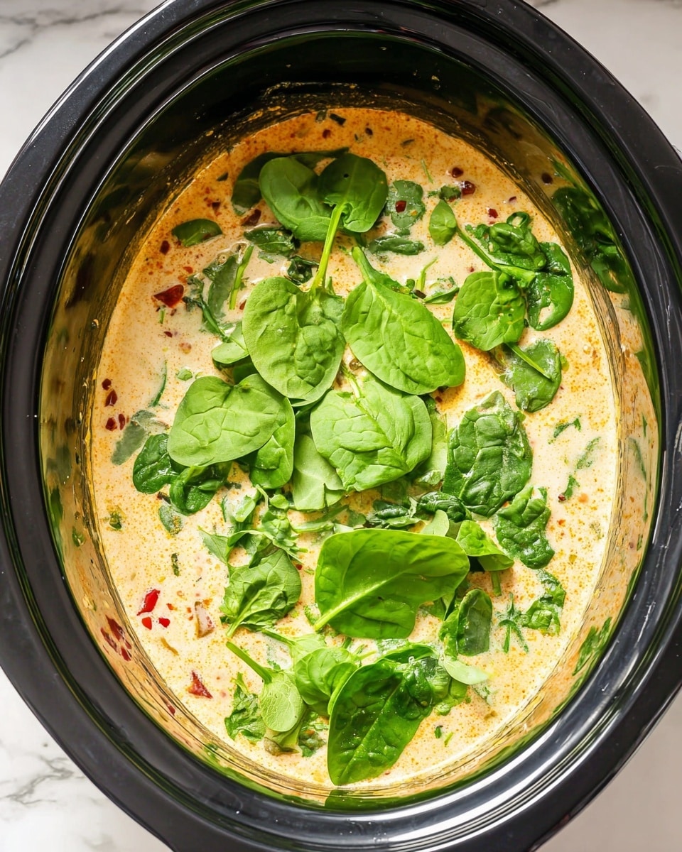 The image shows a close-up of a black slow cooker filled with a creamy light orange sauce base with small red and green specks throughout, likely spices and herbs. On top, there is a generous layer of fresh, bright green spinach leaves, some whole and others slightly wilted, scattered unevenly over the sauce. The slow cooker sits on a white marbled surface. The light inside reflects softly on the shiny black interior rim of the slow cooker. photo taken with an iphone --ar 4:5 --v 7