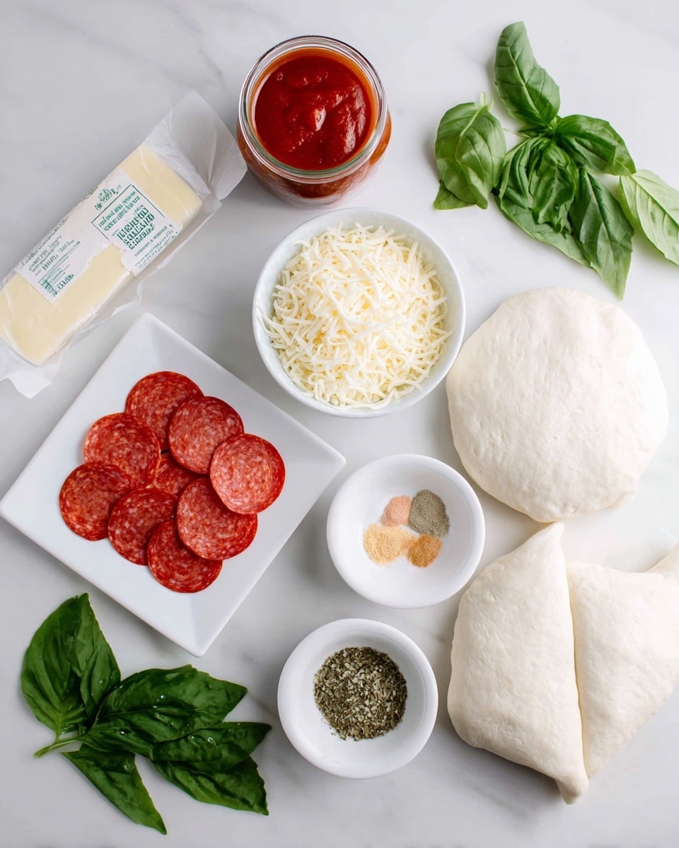 The image shows ingredients for a pizza laid out on a white marbled surface. There are two rolled white sheets of dough on the right side with two fresh green basil leaves nearby. Above them is a jar of red tomato sauce. To the middle left of the dough is a small white square plate with bright red pepperoni slices stacked in layers. Around the center are several small white bowls: one with shredded mozzarella cheese, one with light yellow grated parmesan, one with dried herbs in green and brown, and one with light tan garlic powder. A stick of unsalted butter wrapped in paper sits on the top left, and two larger fresh basil leaves are placed near the bowls. The overall layout is clean and bright, with a focus on the different colors and textures. photo taken with an iphone --ar 4:5 --v 7
