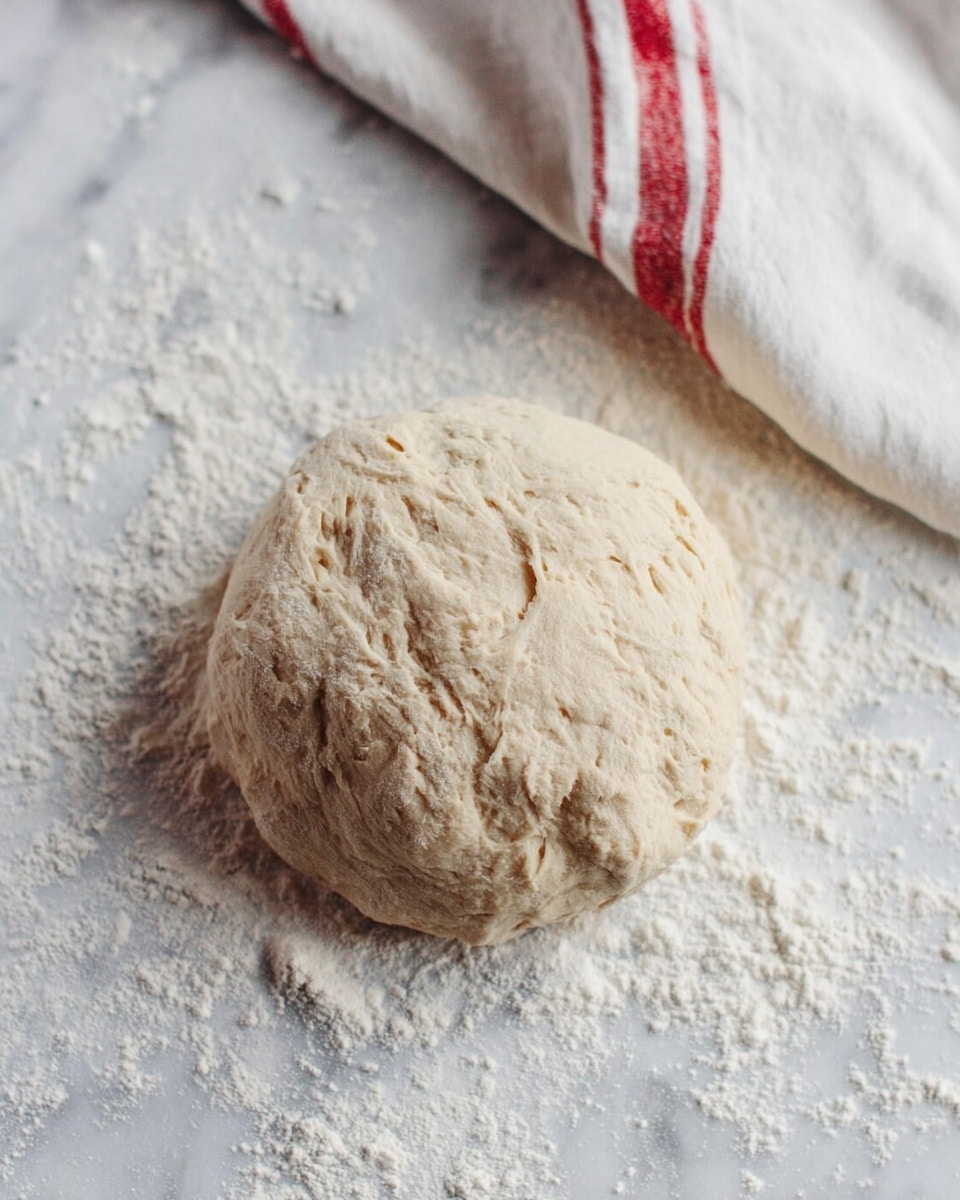 A single round ball of dough with a slightly rough and uneven texture sits on a white marbled surface dusted with scattered flour. Above the dough, a white cloth with red stripes is partially visible, softly folded and resting at the top right corner of the image. The dough itself has a pale beige color, showing small creases and folds indicating it has been recently mixed or kneaded. photo taken with an iphone --ar 4:5 --v 7