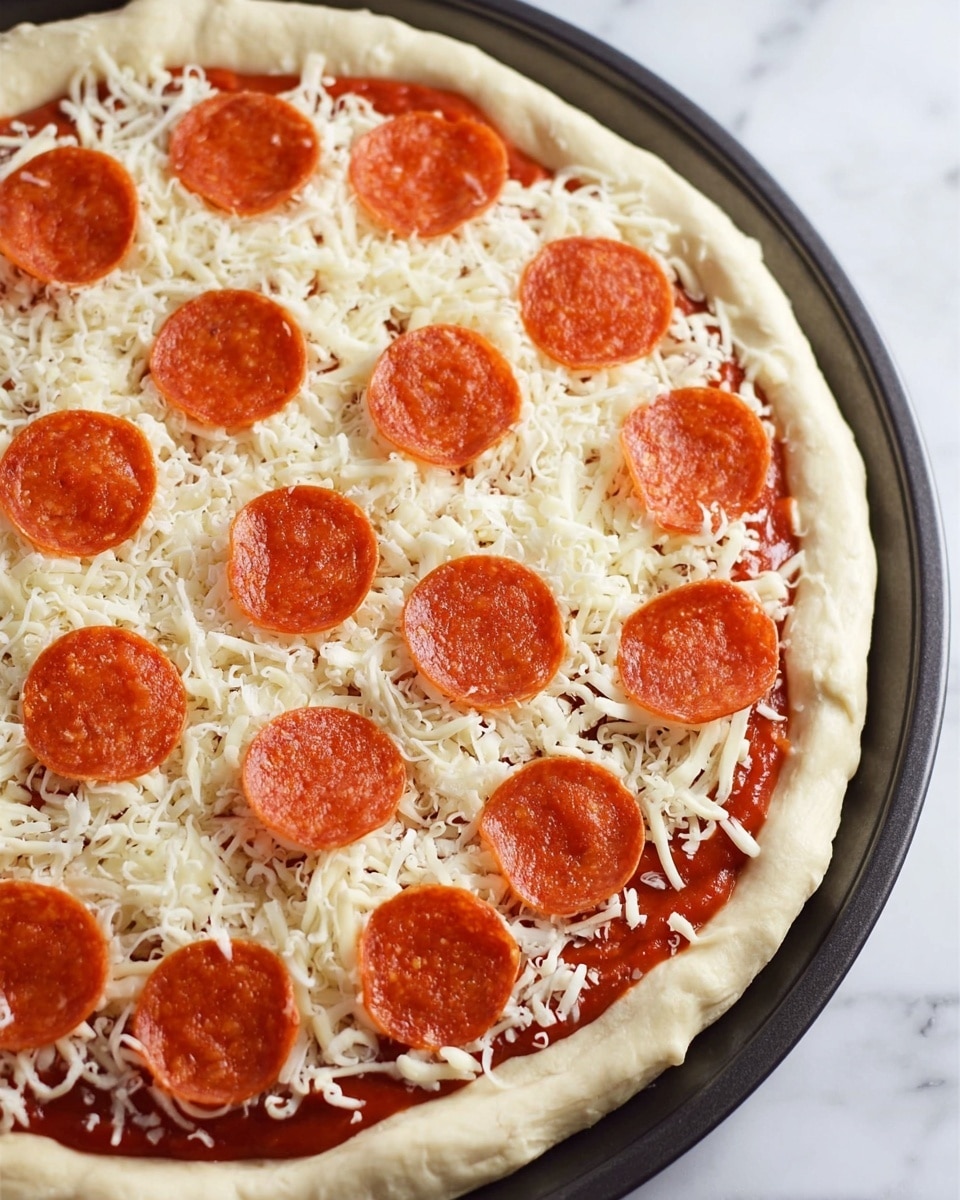 A close-up view of a raw pizza on a round black pan, placed on a white marbled surface. The pizza has one thick outer crust that is light beige and puffy, forming a border around the edge. Inside the crust, the first layer is red tomato sauce evenly spread close to the edge. On top of the sauce, there is a thick layer of white shredded cheese, distributed all over but with some sauce still visible in places. The top layer consists of evenly spaced round orange-red pepperoni slices placed on the cheese, each with a smooth texture. Photo taken with an iphone --ar 4:5 --v 7